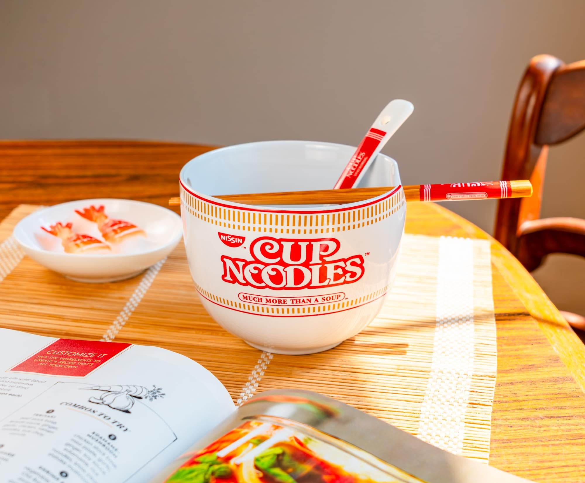 Silver Buffalo Nissin Cup of Noodles “Much More Than a Soup” Ceramic Ramen Bowl Set with Chopsticks and Spoon, 20 Ounces
