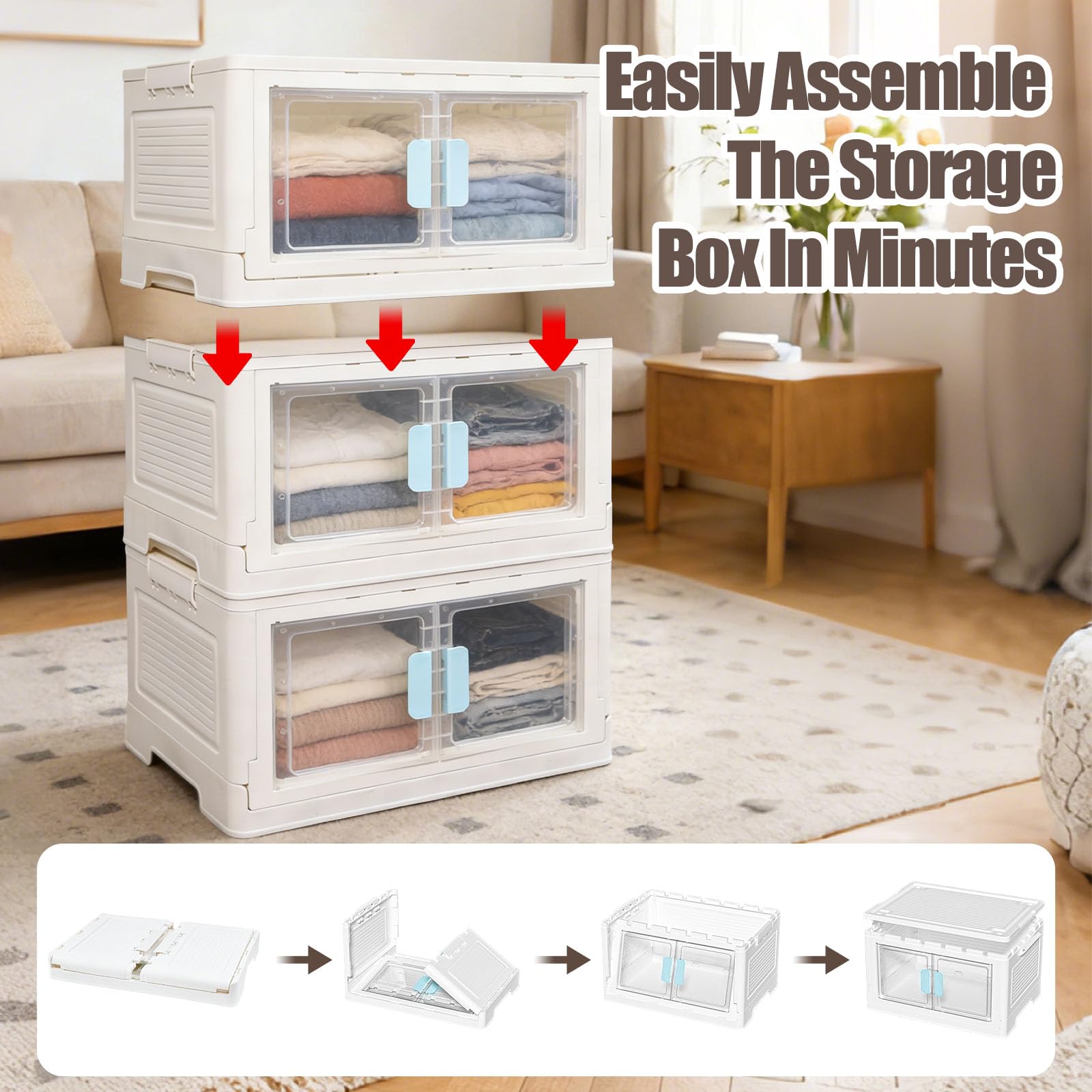 3 Pezzi Scatola di Stoccaggio Doppia Porta Contenitori Impilabile Salvaspazio con Ruote Contenitori in Plastica Pieghevoli con Coperchio per Camera da Letto, Ufficio e Cucina, 3x50 Litri