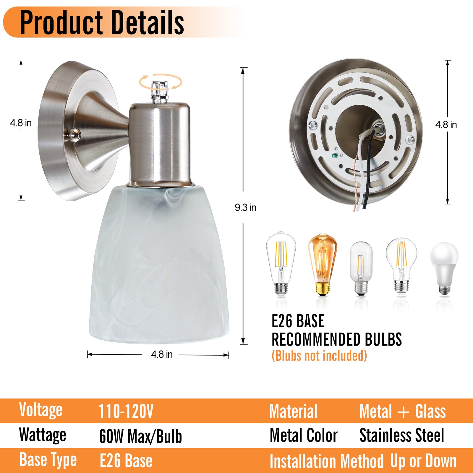 Juego de 2 apliques de pared, luces de tocador de níquel cepillado para baño, modernas lámparas de pared con interruptor giratorio, luz de montaje en pared con vidrio esmerilado, lámpara de pared de 2
