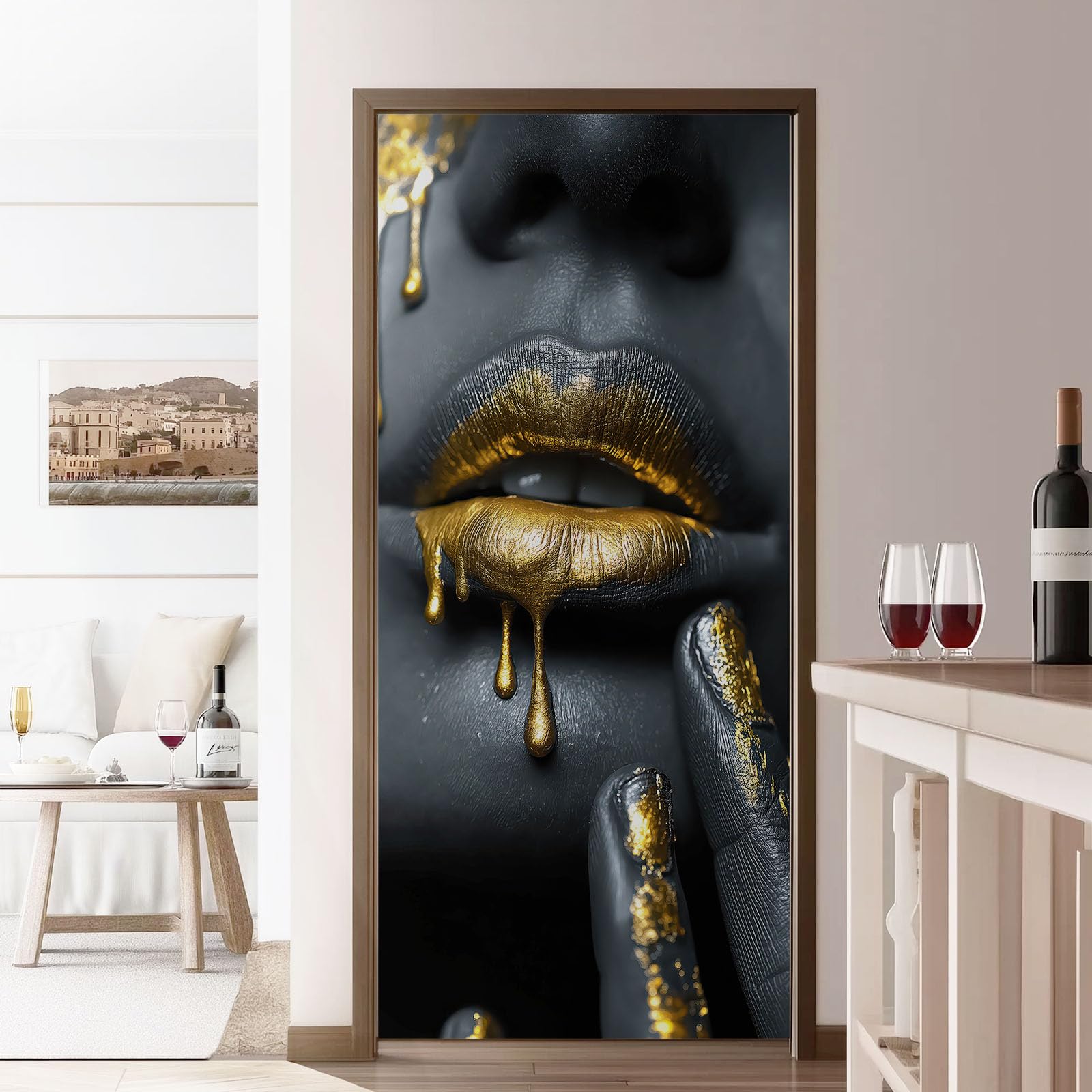 Papel pintado autoadhesivo para puerta estilo moderno 3D póster para puerta, adhesivo para puerta, abstracto mujer graffiti impermeable vinilo lámina para puerta, color gris oscuro, papel pintado