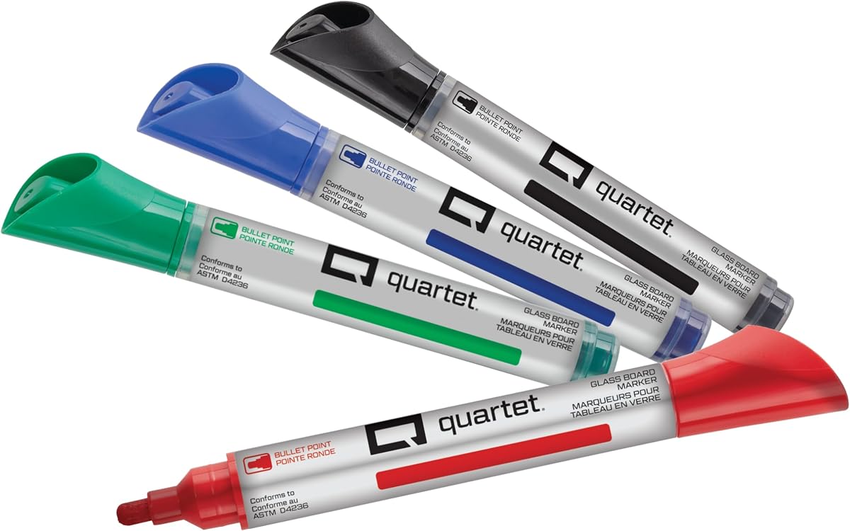 Rotuladores de borrado en seco para placas de vidrio, premium, punta de bala, colores variados, paquete de 4 (79552)