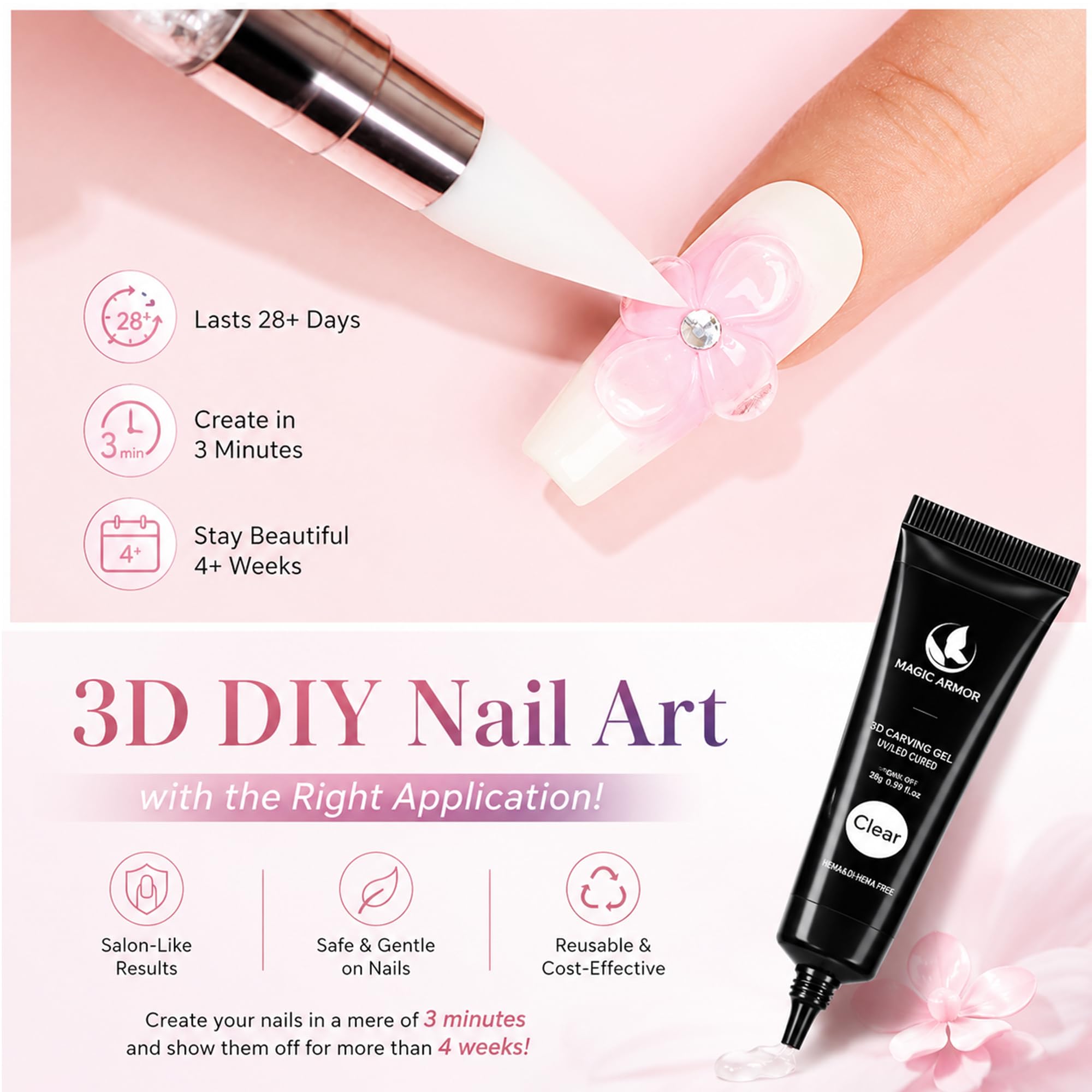 MAGIC ARMOR Żel do paznokci 3D – 15 g, żel budujący, przezroczysty, wielofunkcyjny, klej strasu, do 3D Nail Art Carving 3D Nail Sculpting Gel DIY do projektowania paznokci, rzeźbienia paznokci w domu