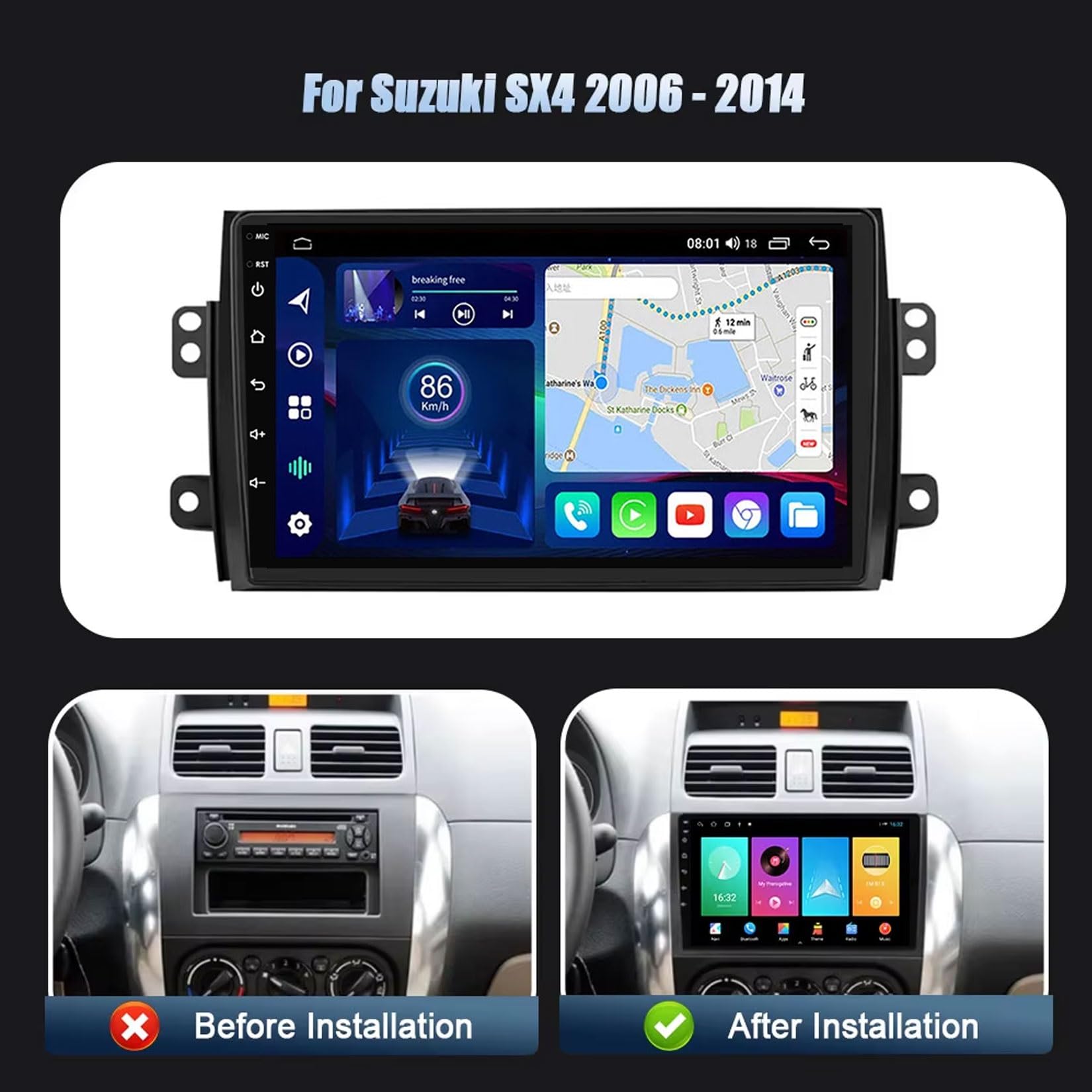Android 14 Nawigacja samochodowa In-Dash Odbiornik radia samochodowego dla Suzuki SX4 2006-2014 Double Din 9-calowy ekran dotykowy Radio samochodowe z nawigacją satelitarną Bluetooth Zestaw