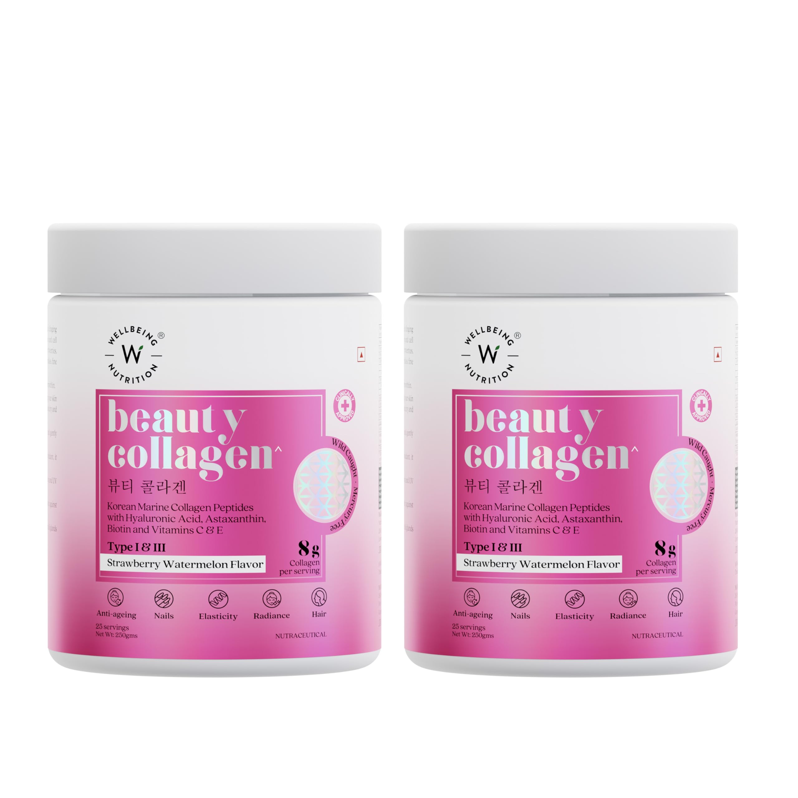 Wellbeing Nutrition Beauty Collagen with Hyaluronic Acid | Collagen Supplements for Women & Men | Collagen Powder with Biotin and Vitamins for Skin Radiance & Anti-Aging | 250g-Strawberry Watermelon