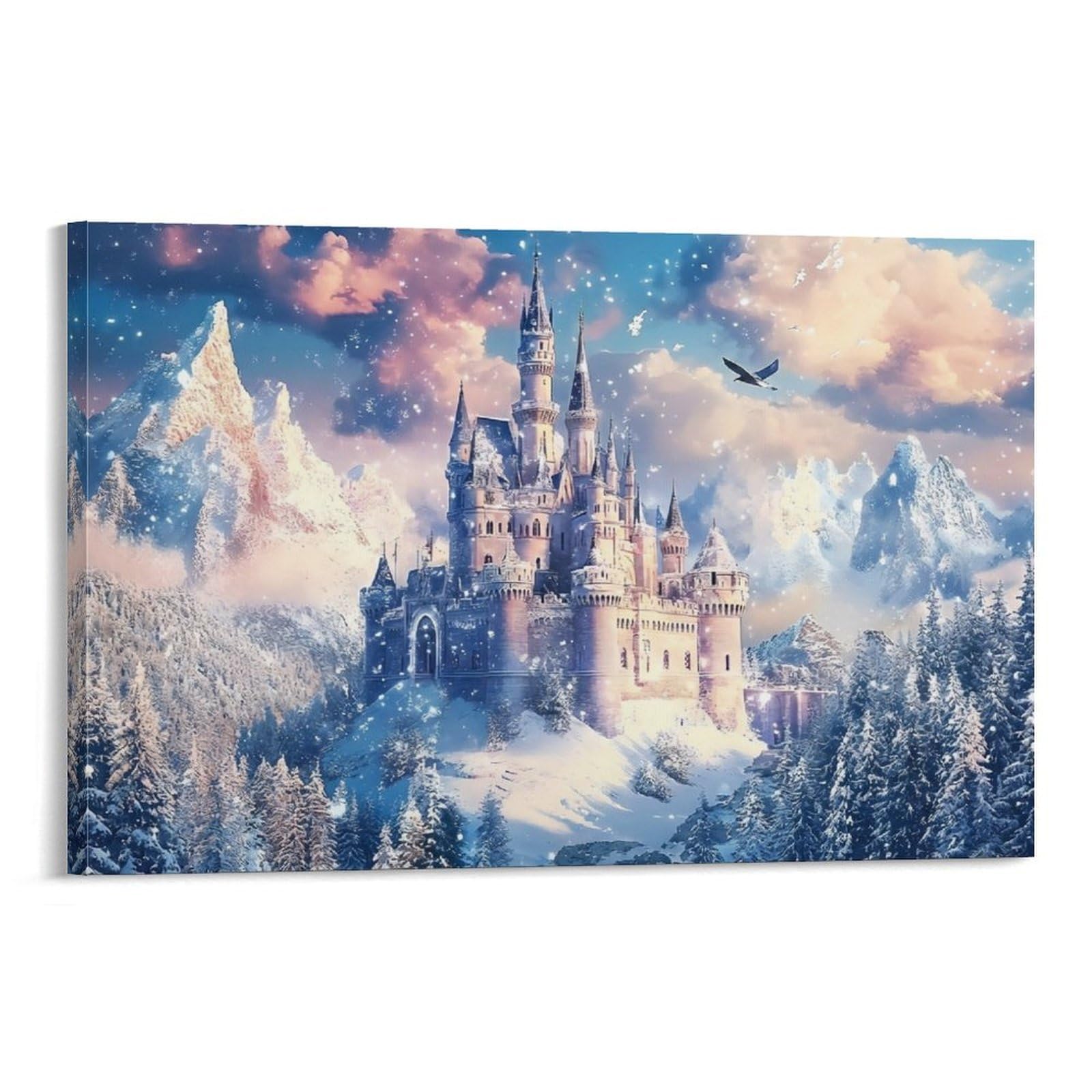 CPLVKWRQJ Snowy Castle Fantasy Individual Snowy Fairy Castle Misty Mountain Peaks Wall Art Decor - Kitchen Canvas Wall Decor Removable Multi-Purpose Focal Point 16x24inch(40x60cm)