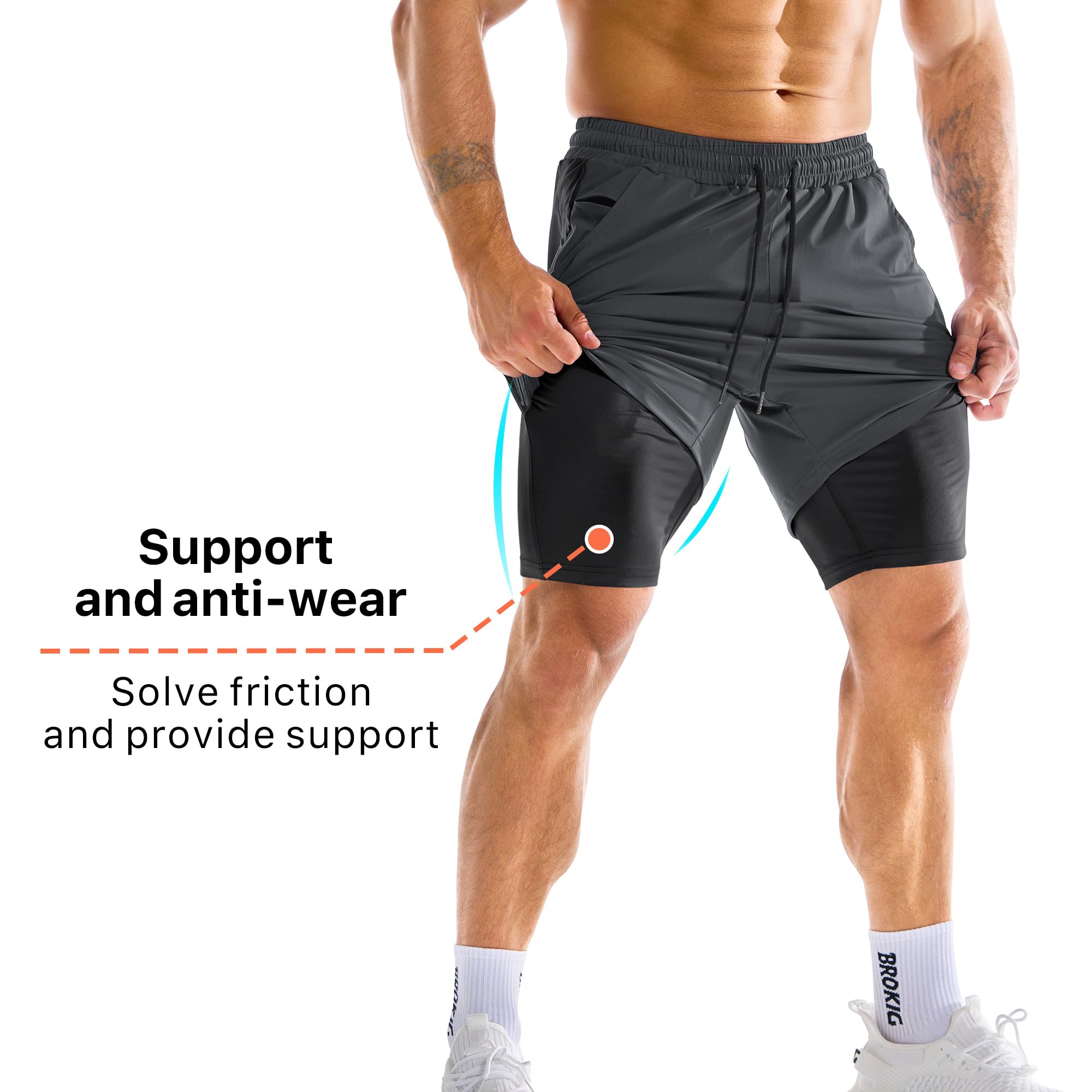 BROKIG Pantalones cortos de gimnasio para hombre, ligeros, para correr, entrenamiento, tenis, ejercicio, con bolsillo con cremallera