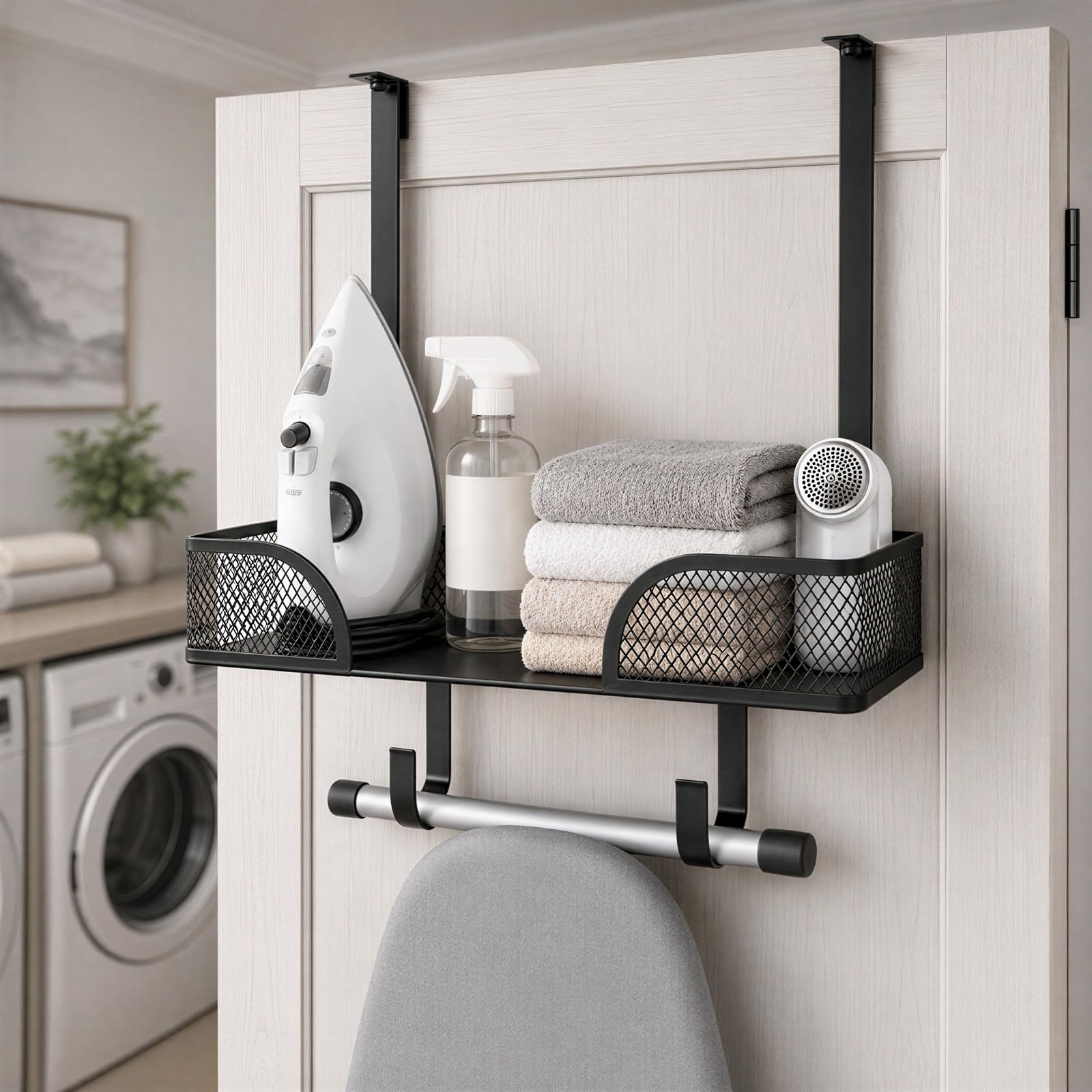 COZHYESS Over The Door Ironing Board Hanger with Large Storage Basket & Removable Hooks, Iron and Ironing Board Holder Storage for Laundry Room