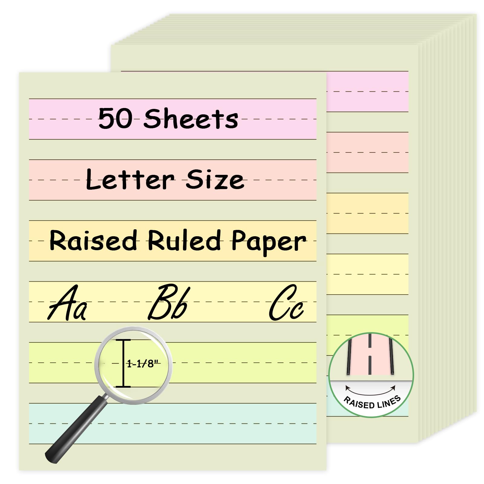 Handwriting Paper Kindergarten Wide Ruled 1-1/8” Raised Lined Paper Primary Writing Pad 8.5 x 11 Inch Colored Spacing Papers Tactile for Kids
