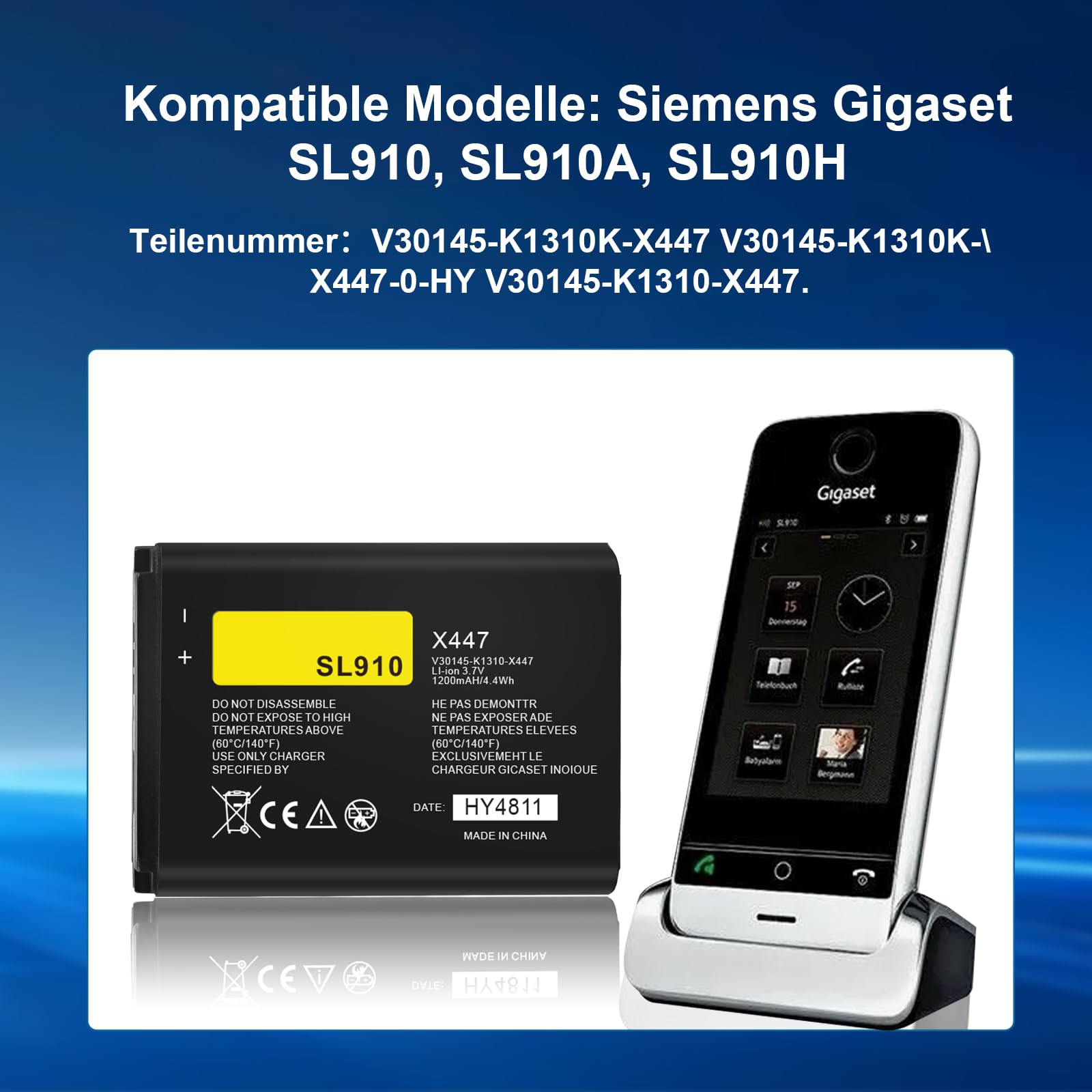 Lot de 2 batteries de rechange Li-ion 3,7 V 1200 mAh pour Siemens Gigaset SL910 SL910A SL910H compatible avec V30145-K1310K-X447 V30145-K1310-X447 V30145-K1310K-X447-00 - HY