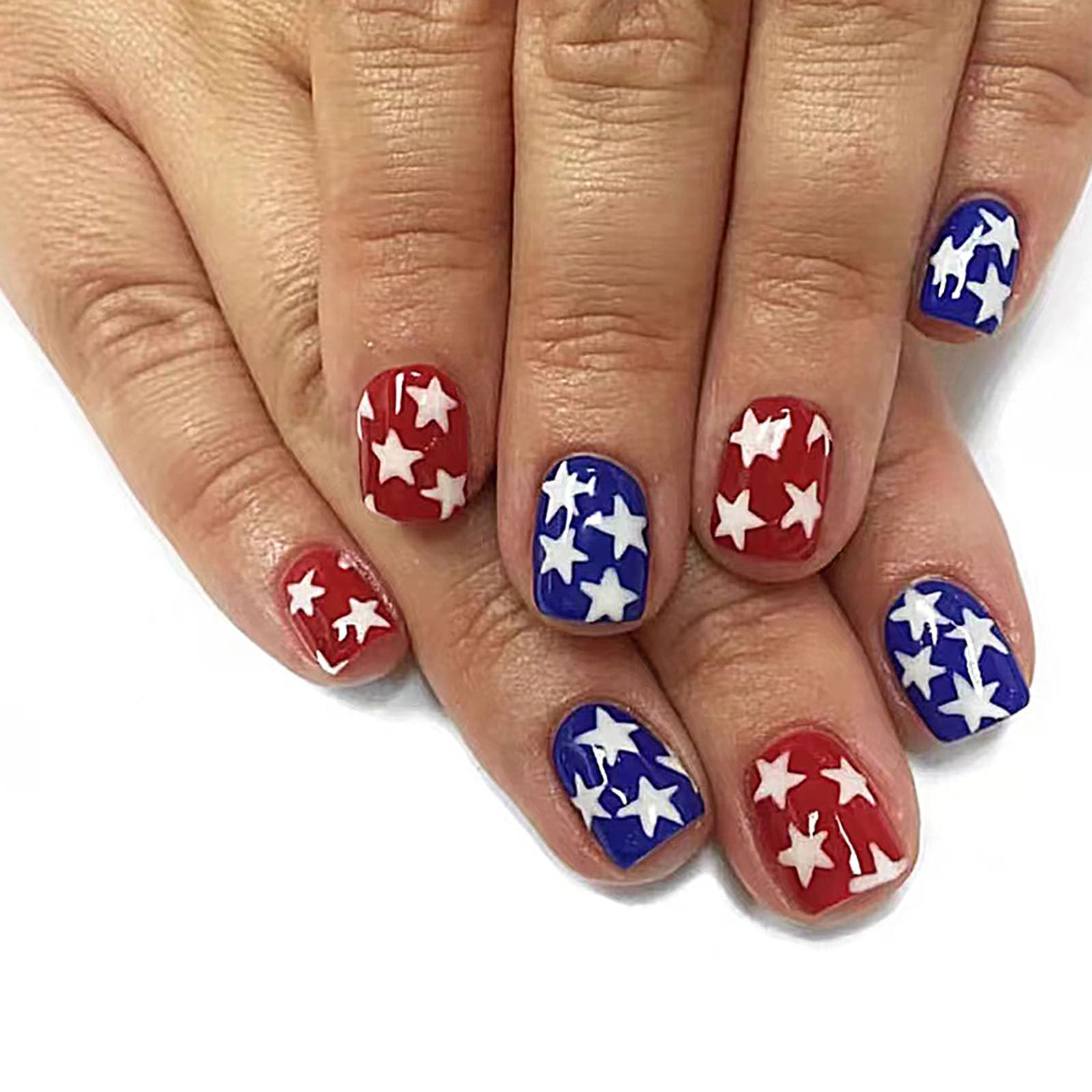 4th of July Press on Nails Short Square Fake Nails Tricolor Full Cover America Flag False Nails with White Star Designs Glossy Glue on Nails Petite