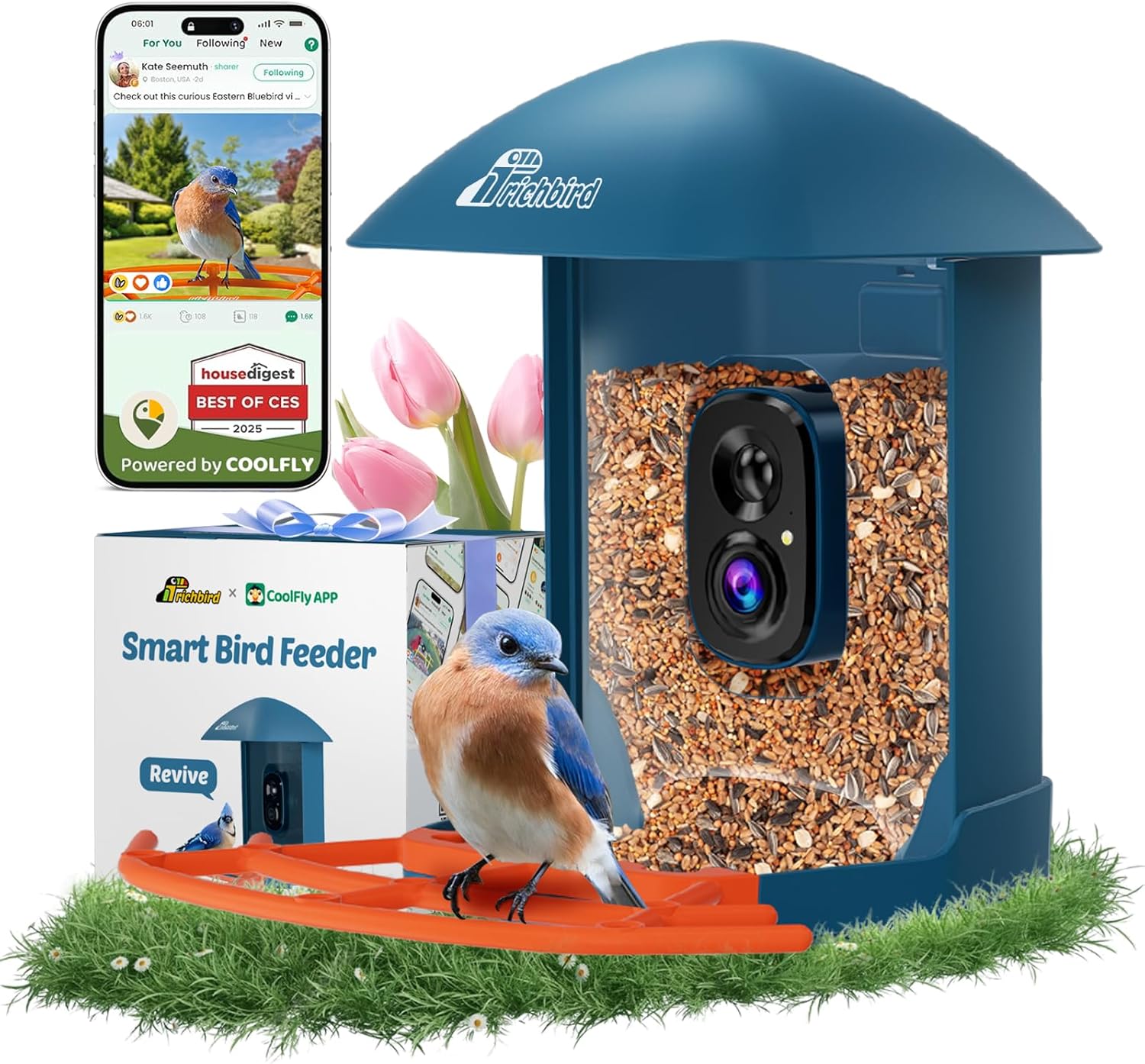 Smart Bird Feeder with Camera, 2K HD Birdwatching Camera with AI Identify Bird Species & Solar Panel, Auto Video Capture & Instant Notifications, Ideal Gifts for Lover, Deep Blue