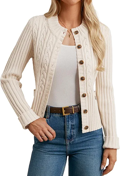 GRACE KARIN Women Cable Knit Button Up Sweater, Crewneck Cropped Cardigan, Early Fall Fashion Outfits 2025