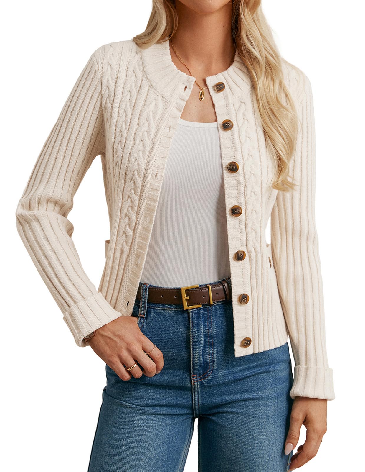 GRACE KARIN Women Button Up Cable Knit Sweater Cropped Cardigan Sweaters Chunky Winter Clothing 2025