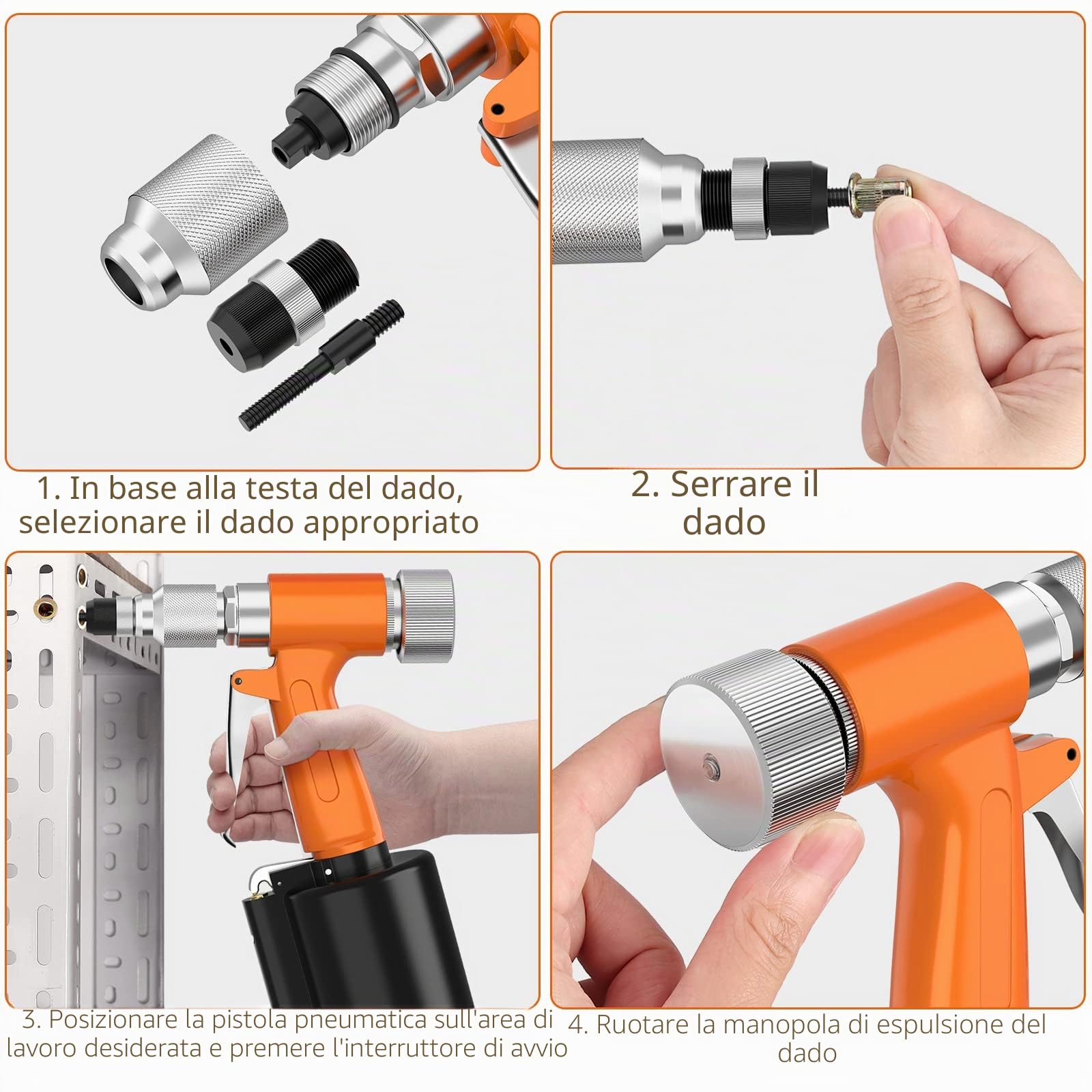 Proster Rivettatrice Pneumatica con 100Pz Inserti Filettati 1/4" Rivettatrice ad Aria Professionale per Rivetti M4 M5 M6 M8 M10 Pistola a Rivetto ad Aria per Decorazione Fabbricazione Macchine-arancia