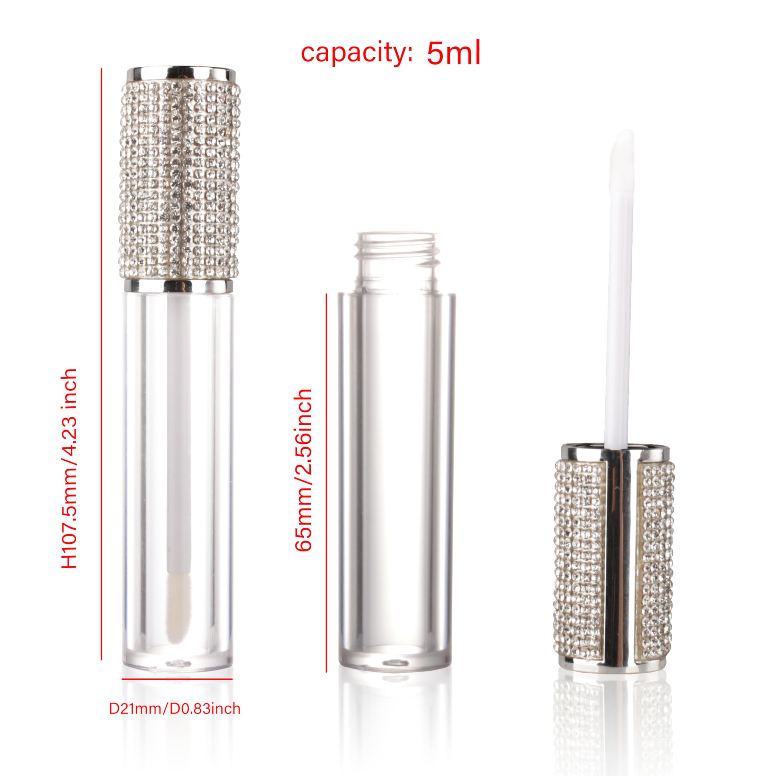 COSIDEA 15pcs Round Empty 5ml 0.17oz Silver lip gloss tubes with wand diamond Lipgloss tube containers for lip oil packing