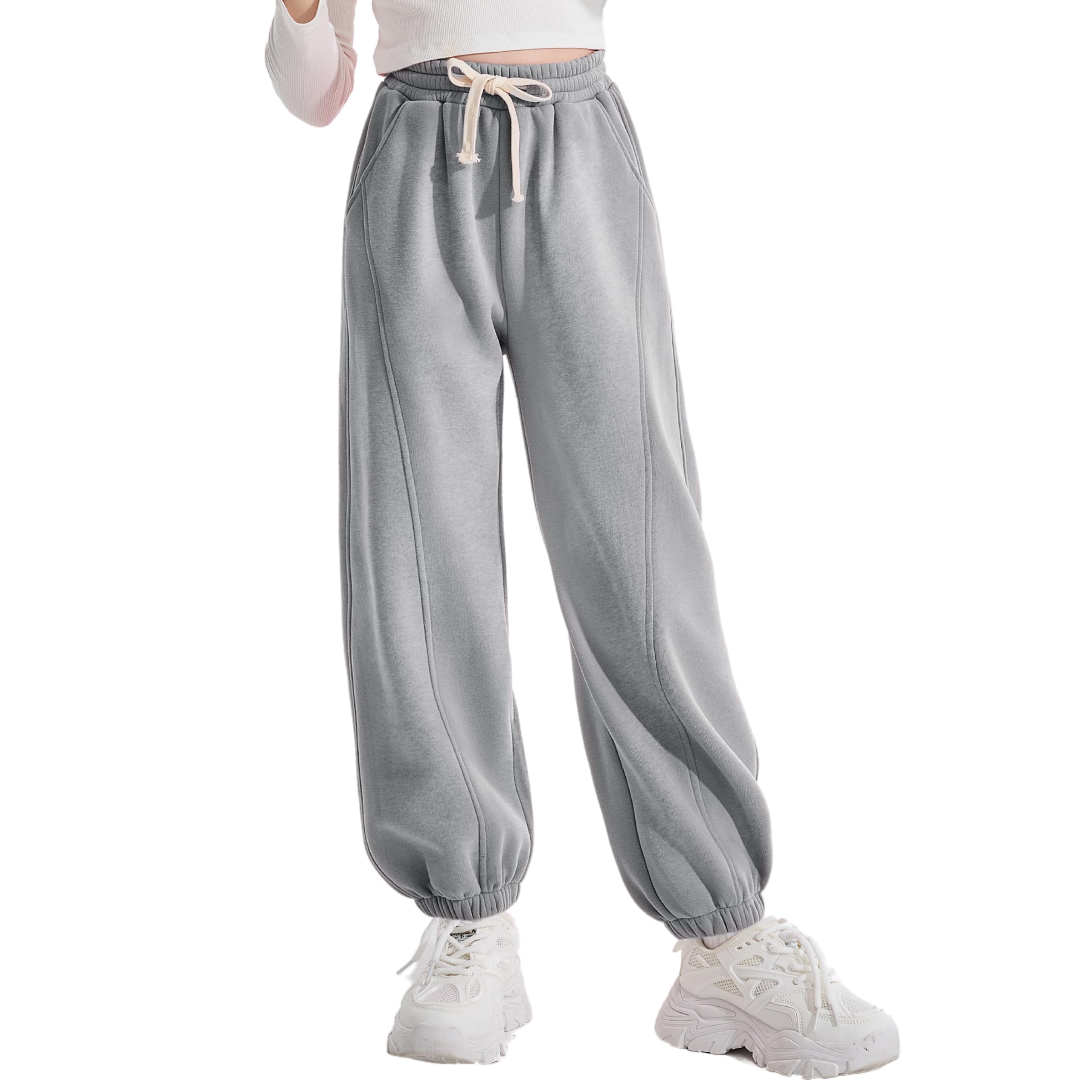 Rolanko Pantalon de Survêtement en Molleton pour Filles, Pantalon de Jogging de Sport Uni, Bas de Survêtement pour Enfants, Grise, Taille: 150/10-11 Ans