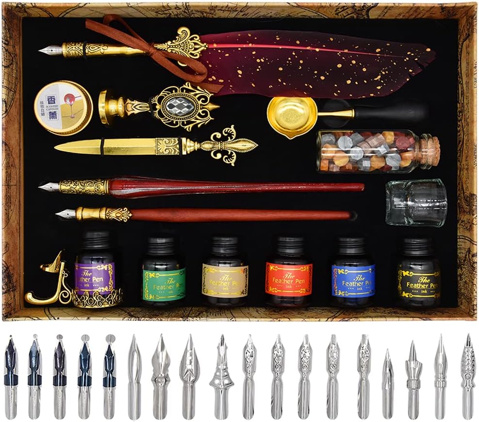 XIAOYU Antique Calligraphy Feather Pen Quill Pen and Ink Set for Beginners, Glass Dip Pen Wooden Dip Calligraphy Pen for Writing, Drawing, Signature, Wedding, Birthday, Red