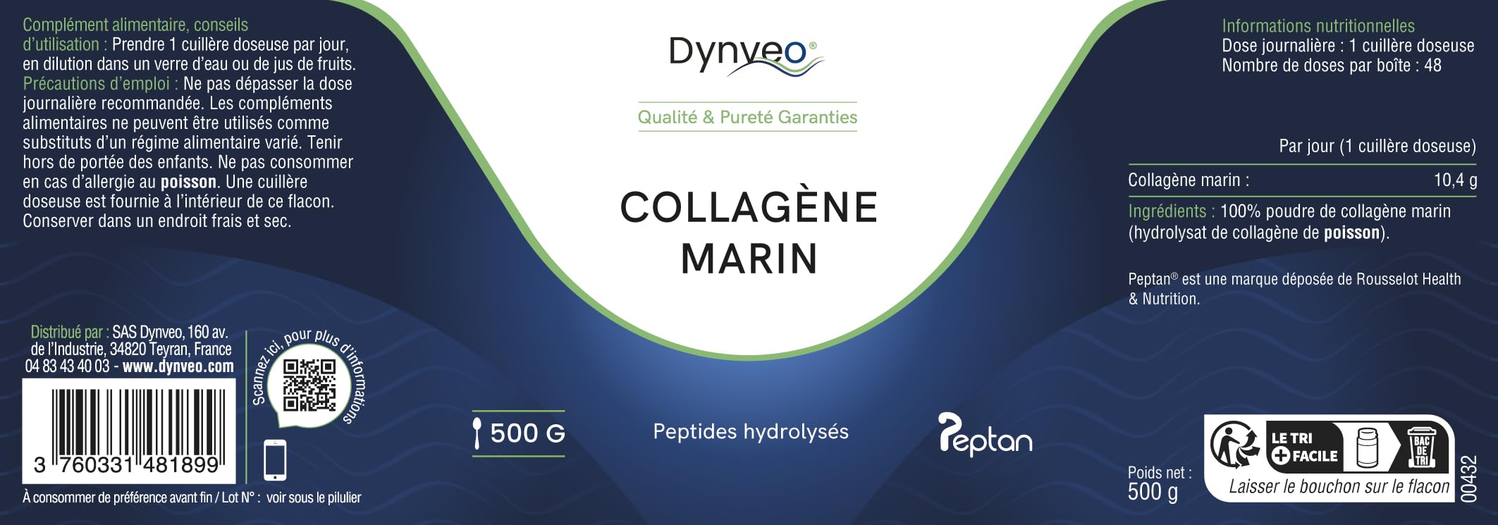 Collagène Marin hydrolysé - Peau souple & hydratée - Type 1 peptides bioactifs 2000 DA - Haute Biodisponibilité - Collagène en Poudre Qualité Peptan®- Issu de pêche durable - 500G (48 jours) - Dynveo