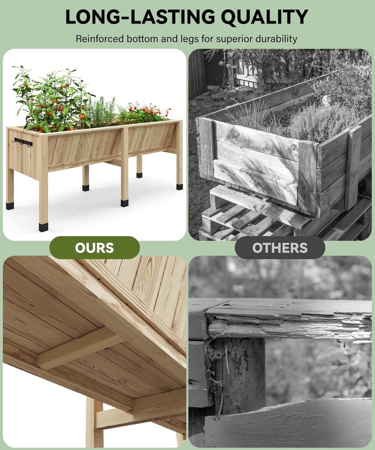 Garvee Huerto Urbano de Madera de Abeto, Cama de Cultivo Elevada 183x60x77cm, Jardinera con Ruedas y Frenos, Macetero Exterior para Verduras con Forro y Ganchos de Almacenamiento, Natural