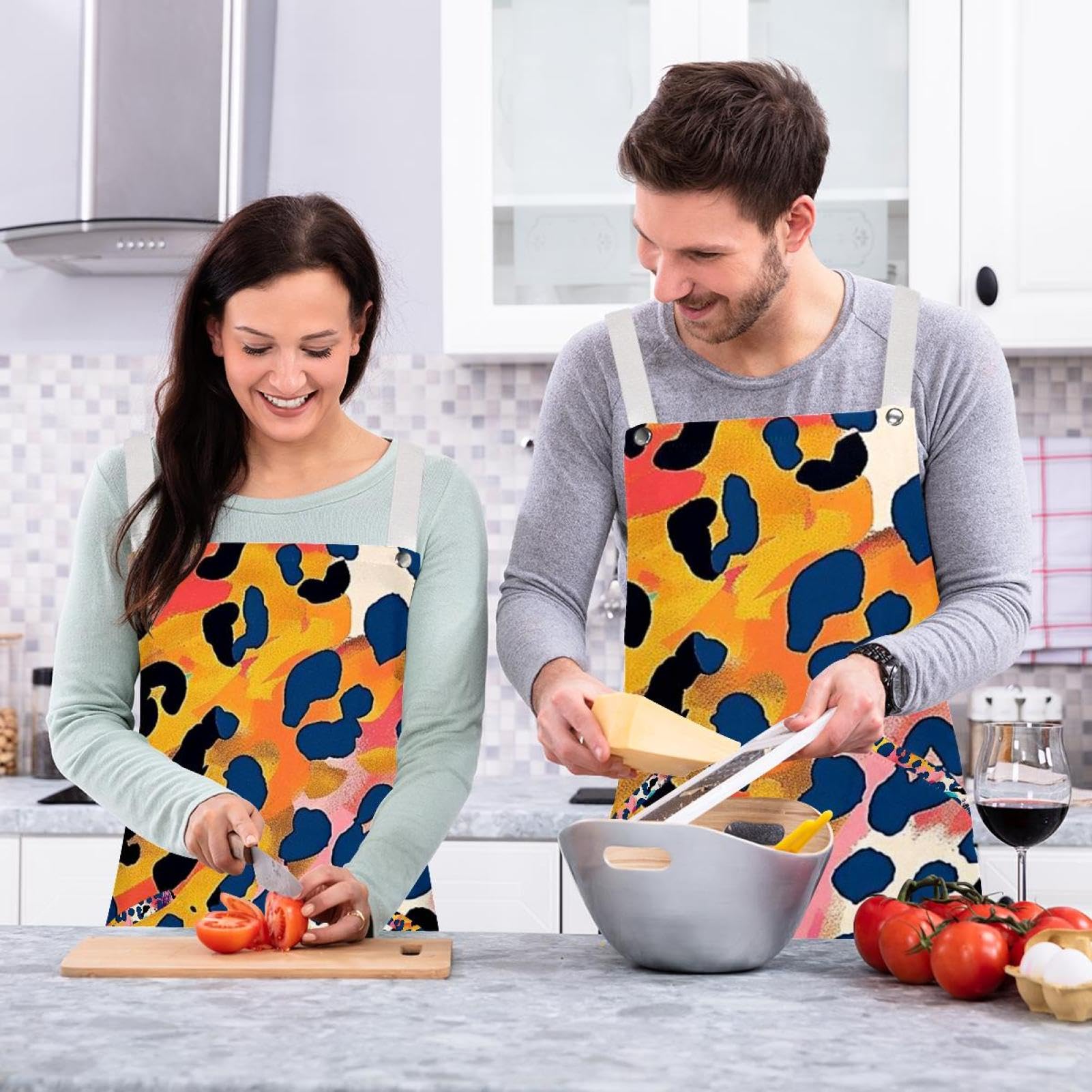 Lot de 2 tabliers de cuisine doux et réglables avec 2 grandes poches pour homme et femme Motif léopard aquarelle coloré, Imprimé léopard coloré aquarelle,