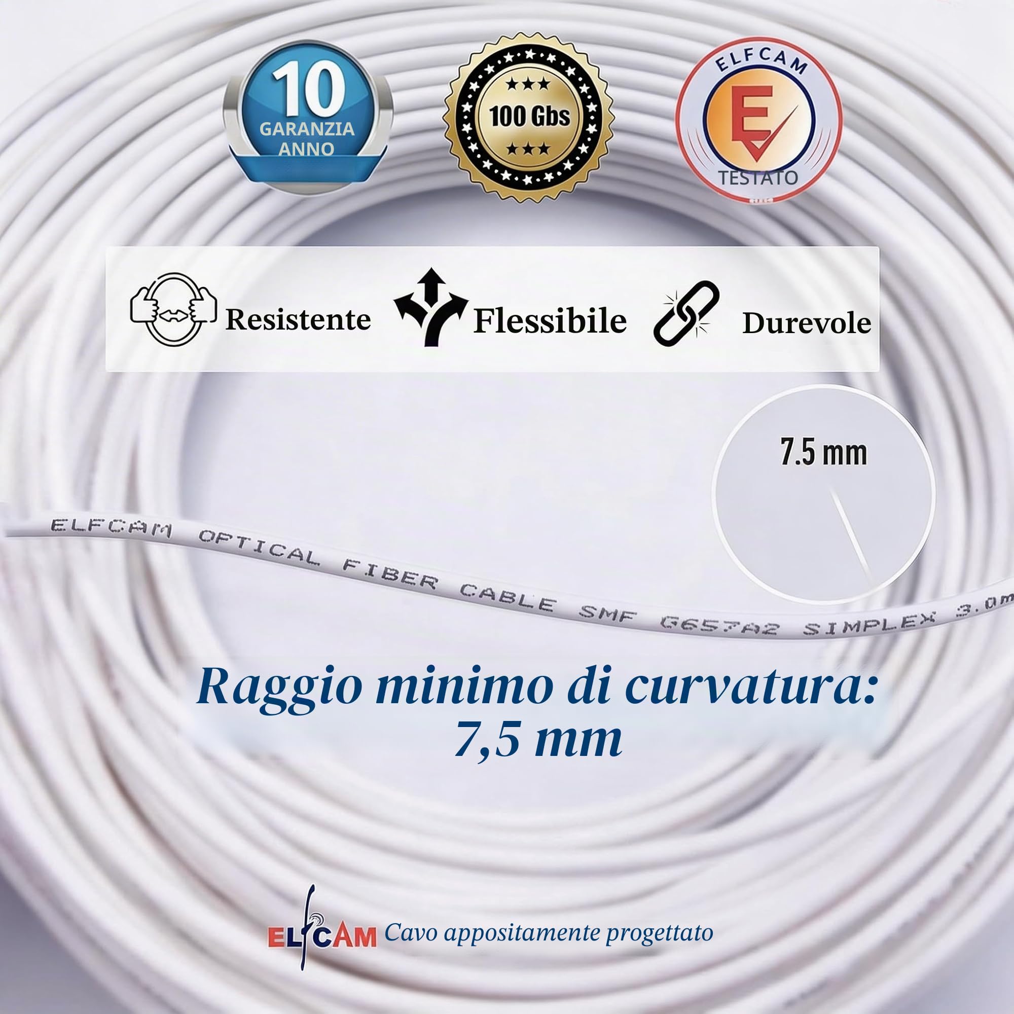 Elfcam® - Cavo Fibra Ottica LC/APC per SC/APC Simplex Monomodale 9/125μm OS2 LSZH, Bianco (2M)