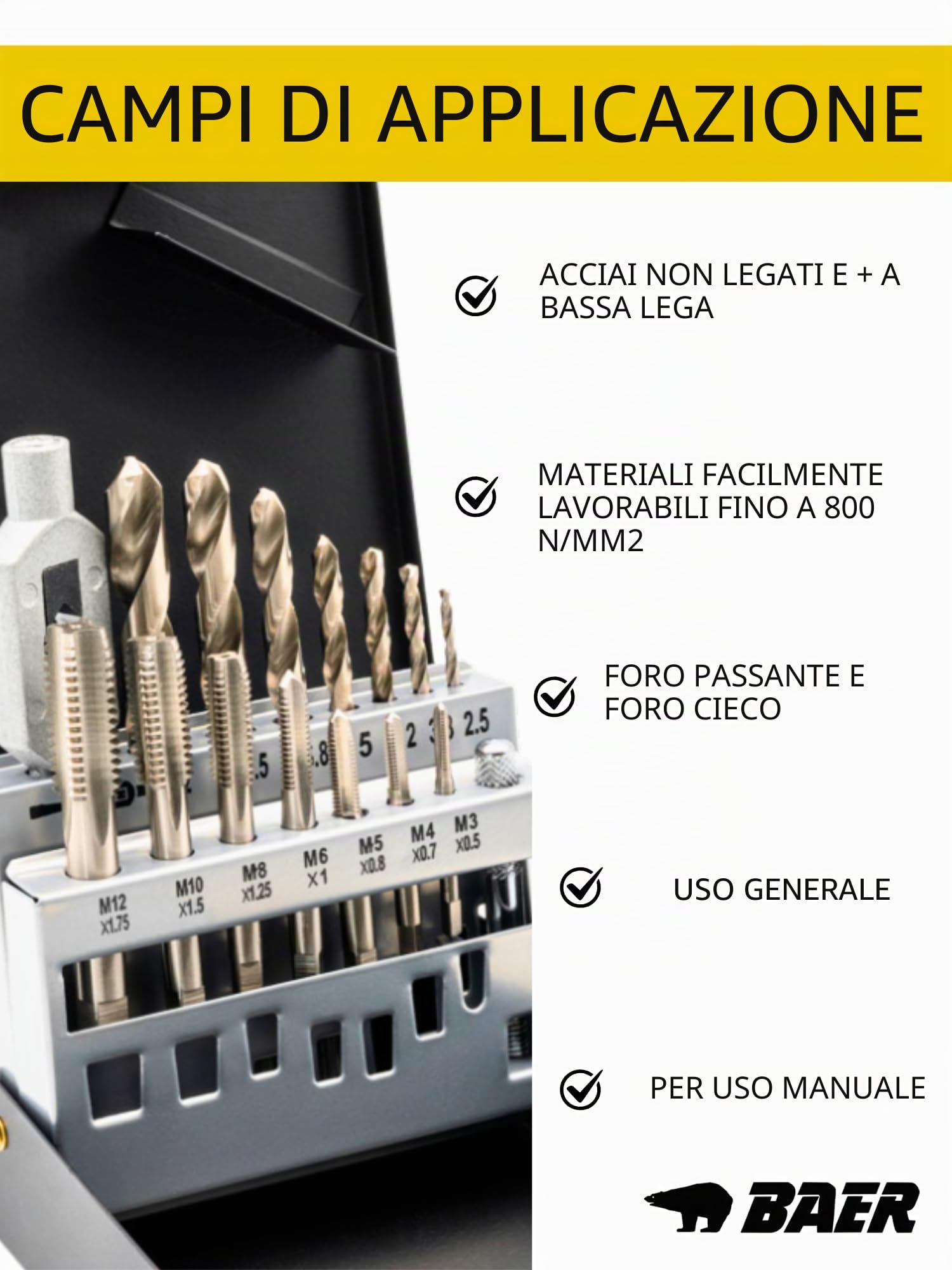 BAER Set di maschi filettati M3 – M12 HSSG – 15 pezzi | Set con trapano a foro e binari | Cassetta metallica professionale