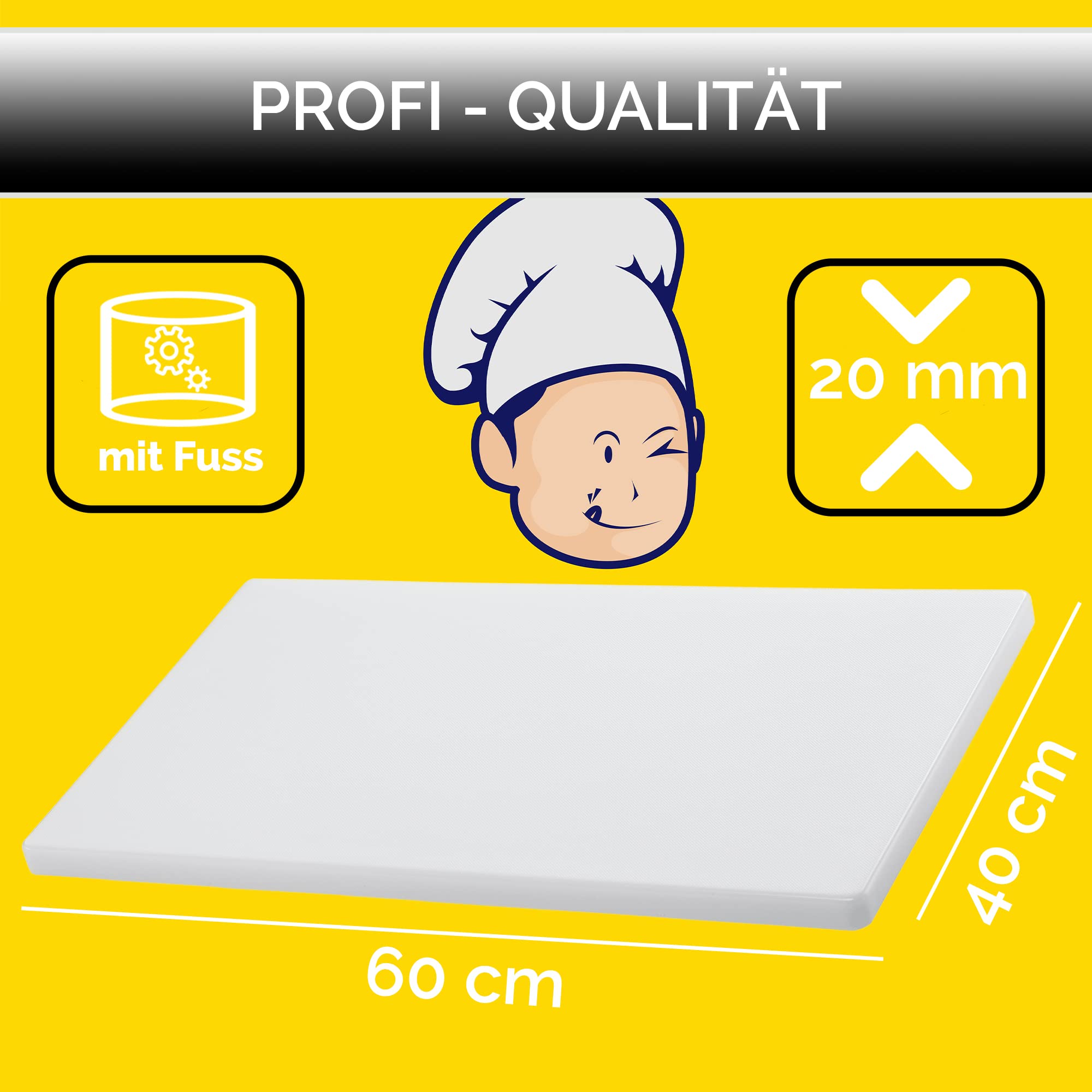 Duża deska do krojenia, deska do siekania, deska kuchenna o grubości 2 cm, z antypoślizgowymi nóżkami, zgodność z HACCP 60 x 40, z tworzywa sztucznego, antybakteryjna, jakość gastronomiczna, przyjazna dla ostrza, biała