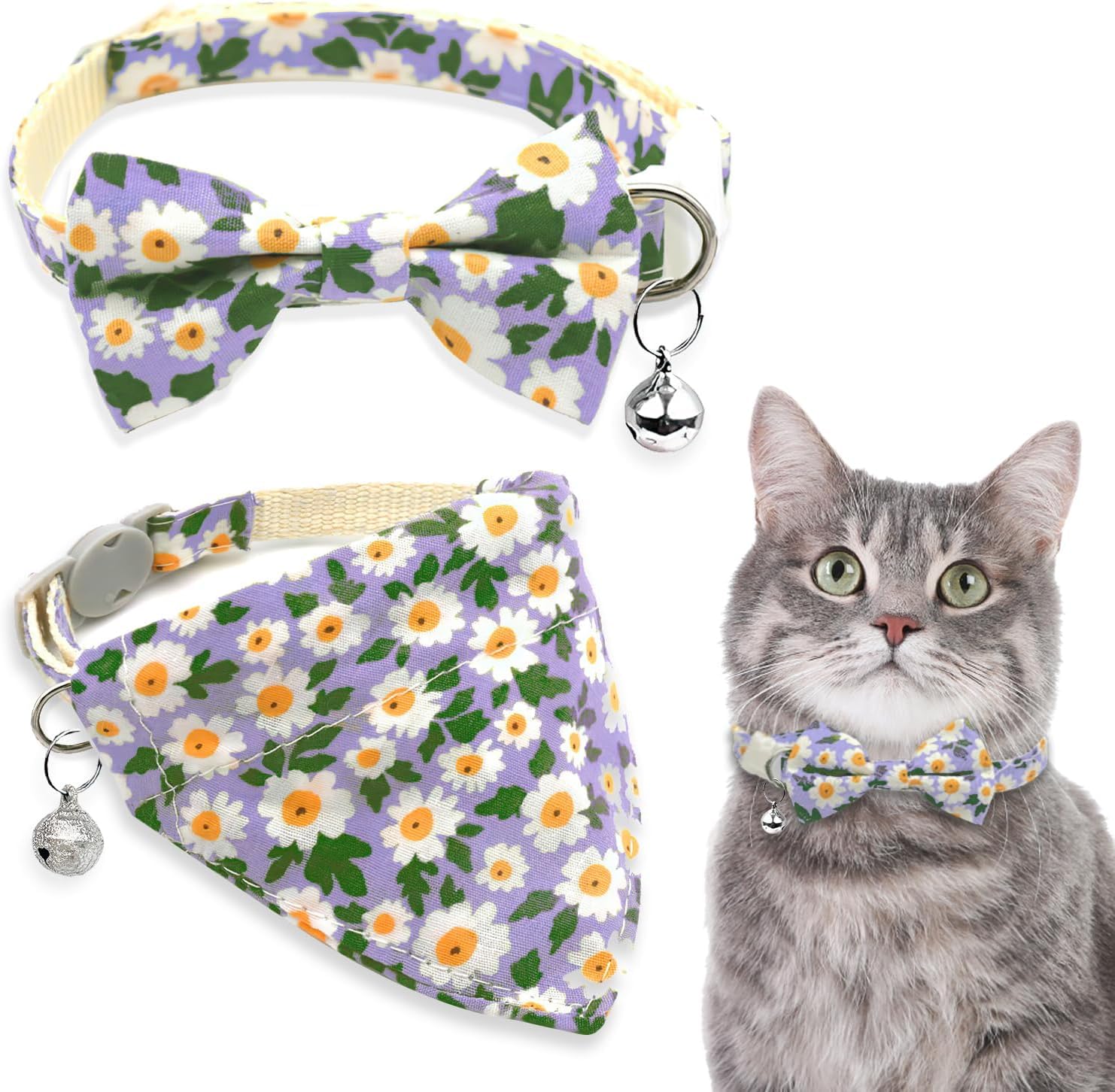 NALACAL 2Pcs Cat Collars, Cat Collar Breakaway with Bell, Adjustable Cat Collar with Bow Tie & Triangle Bib, Little Daisy Cat Collar with Silver Bell for Kitten Puppy, Pet Supplies, Accessories, Gifts