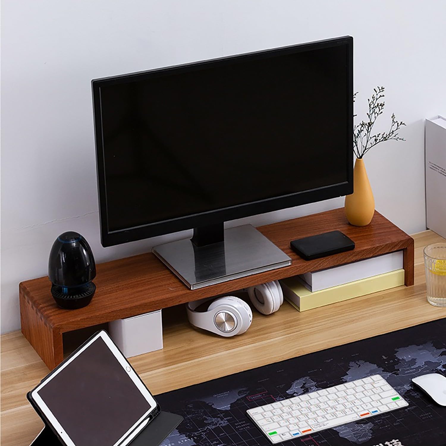 Podwyższony stojak All-In-One z litego drewna orzechowego na ekran, podstawka pod biurko do komputera i telewizora, oszczędność miejsca na biurko (50 x 20 cm)