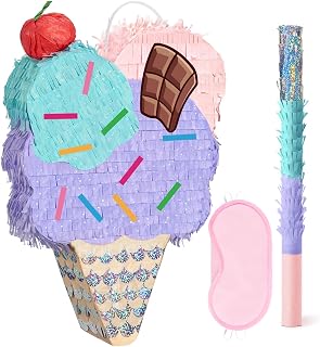 WERNNSAI Eis Pinata – Eiscreme Pinata Geburtstag Mädchen Kinder Eiscreme Piñata Set mit Stock Augenbinde Lila Eis Geburtstagspiñata Partyspiele Geburtstagsparty Dekoration Babyparty Piñata