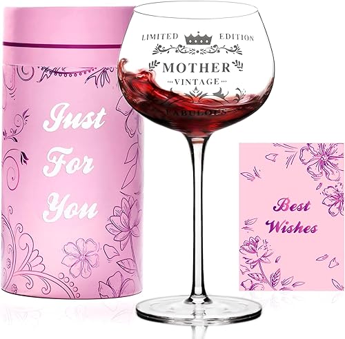Regalos de cumpleaños para madre, copas de vino grabadas vintage de 14 onzas, regalos para mujeres, mamá, mamá, cumpleaños, único de hija e hijo