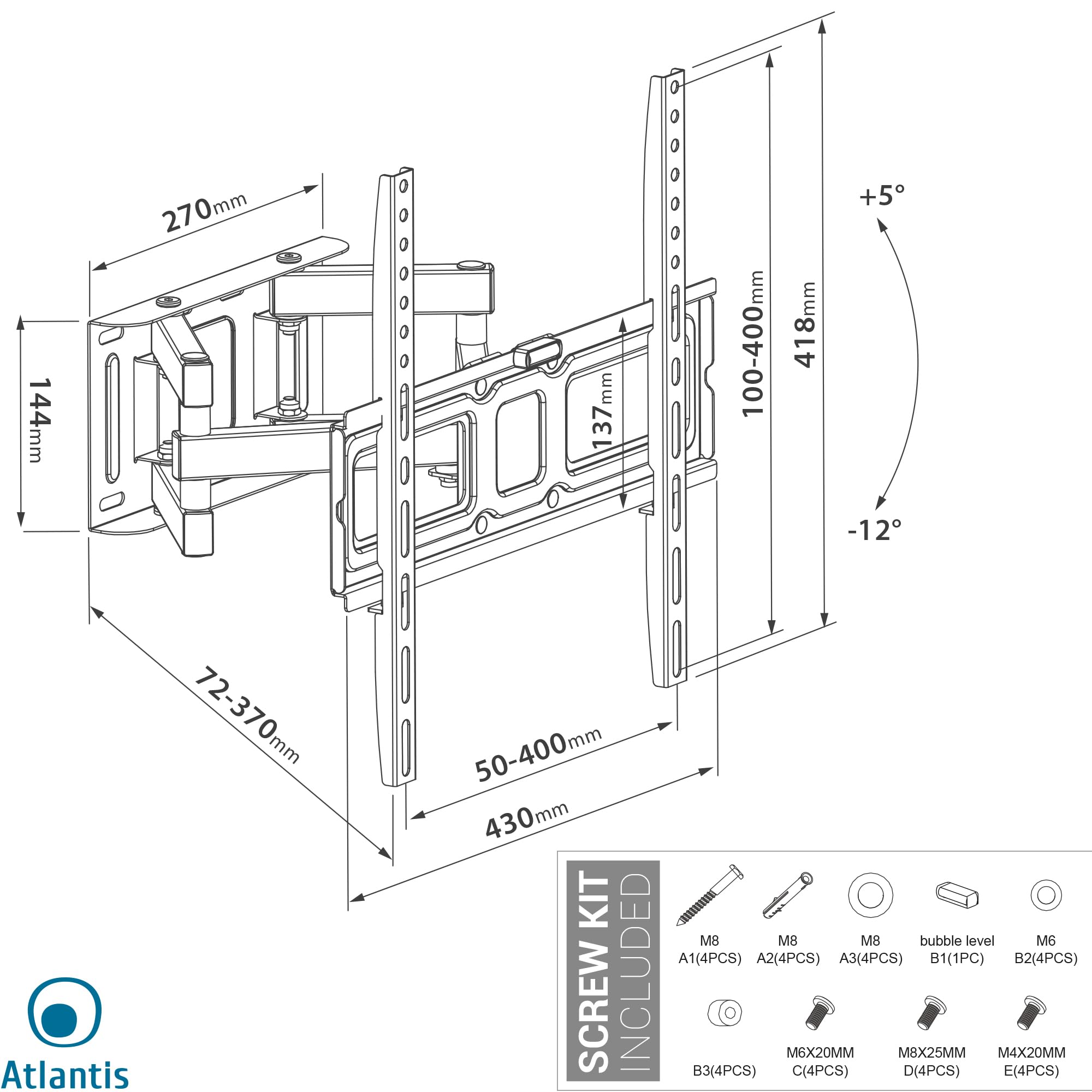 Atlantis P022-E20SDN Support Mural inclinable et pivotant pour TV, Support Mural pour TV de 32" à 65", Max 35Kg, Max VESA 400x400. Inclinaison Verticale de -12° à +12°. Rotation de 180°.