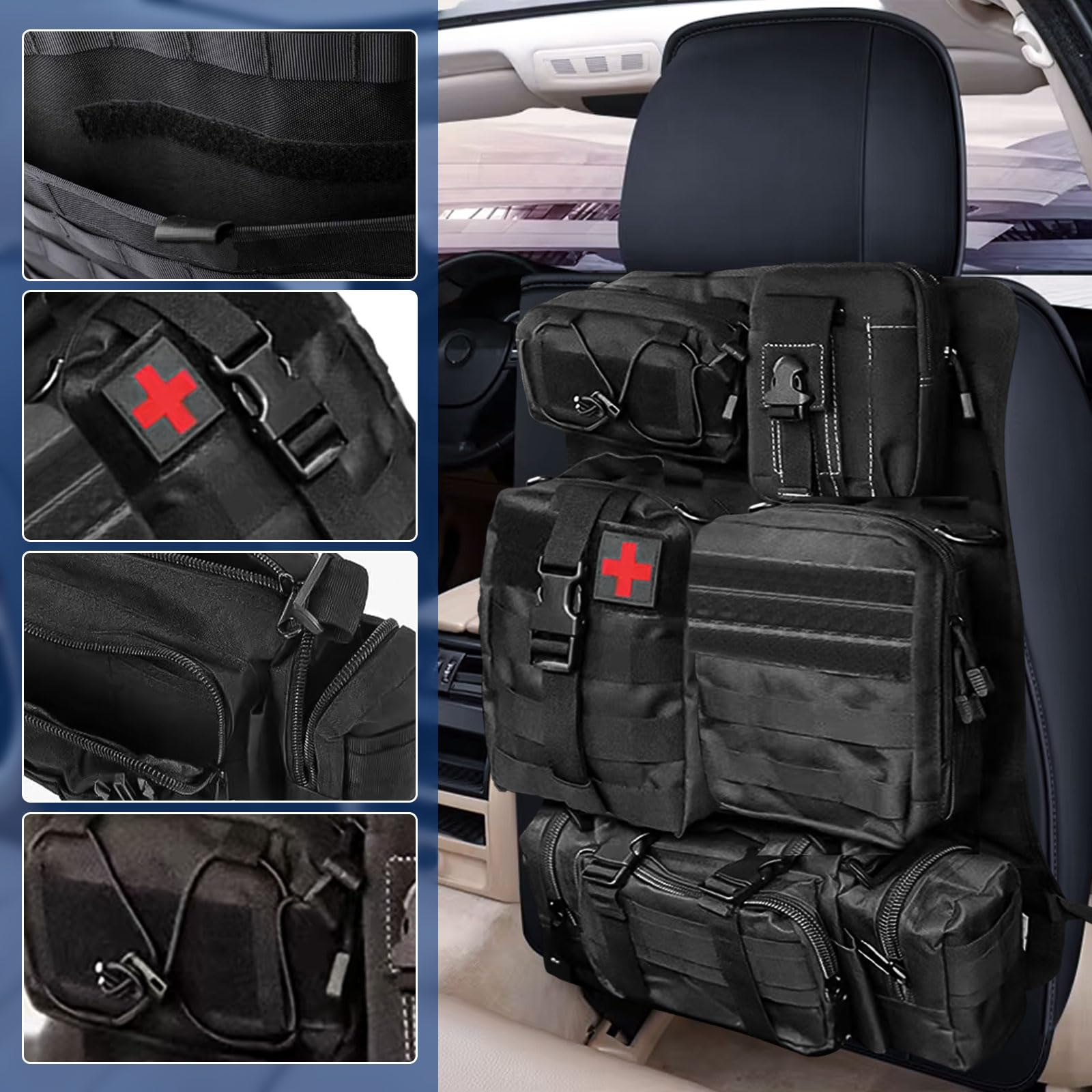 Taktischer Autositz-Organizer 600D Oxford wasserdicht mit 5 abnehmbaren Taschen Rückenlehnenschutz für Autos SUVs LKW