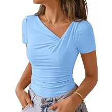 ZESICA Womens Summer Asymmetrical Ruched T-Shirts Going Out Cute Work Tops | Short Sleeve, Slim Fit, Cute Sexy, Dressy Casual Blouse, Date Night Concert Outfits, Office Clothes