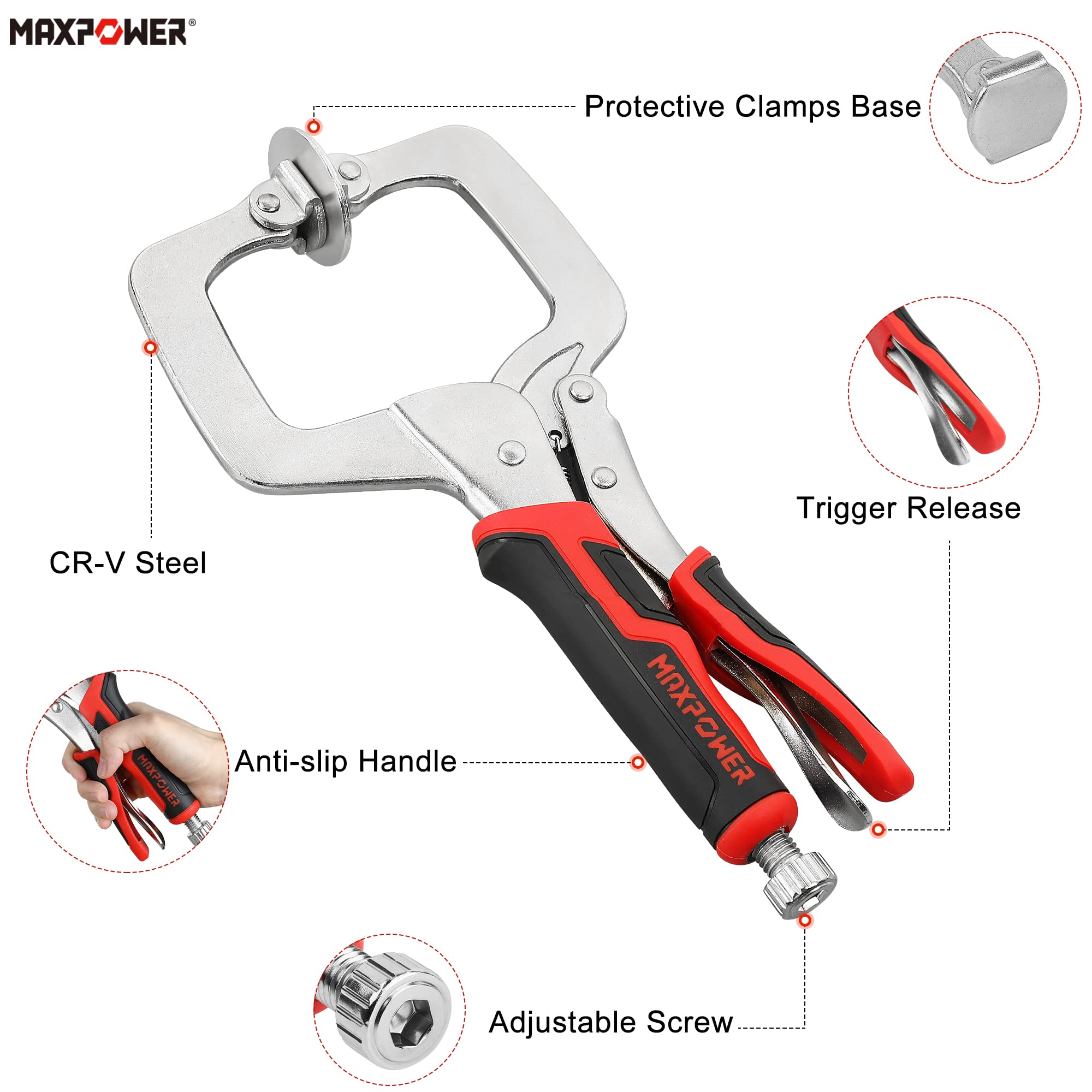MAXPOWER 11-Inch Locking C Clamp Set, 2 Pack Metal Face Clamp with Large Flat Swivel Pads, Adjustable Heavy Duty C Clamps Locking Pliers for Woodworking, Carpentry, Cabinetry, Welding and Repair