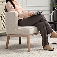 Vista 3 de Silla decorativa con brazo de barril con patas de madera, cómoda silla lateral de barril tapizada de lino con respaldo para sala de estar