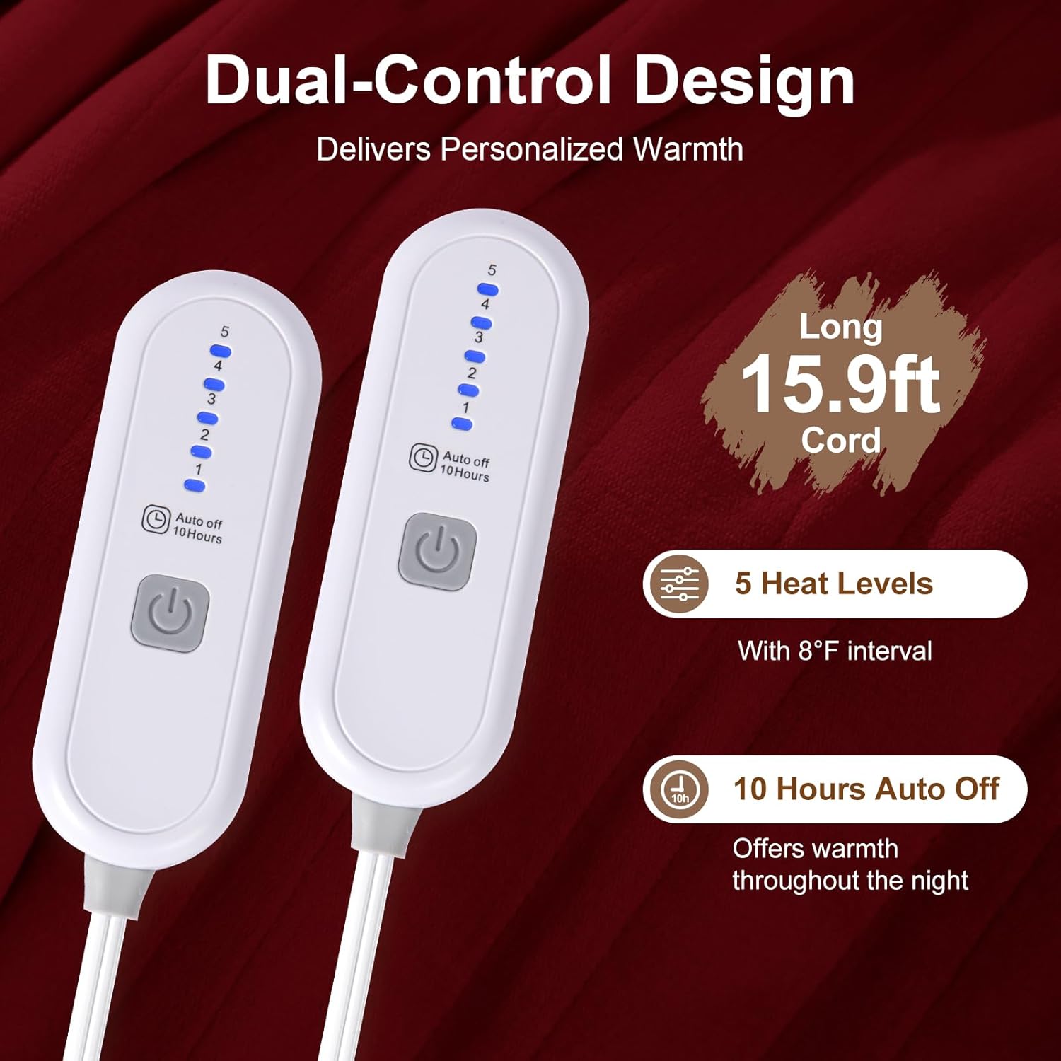 Queen Size Electric Blanket for Bed - 84" x 90" Dual Control Heated Blanket with 10 Hrs Auto Off, 5 Heating Levels, Over-Heat Protection, Washable Flannel Sherpa Heating Blankets, Red - Image 3
