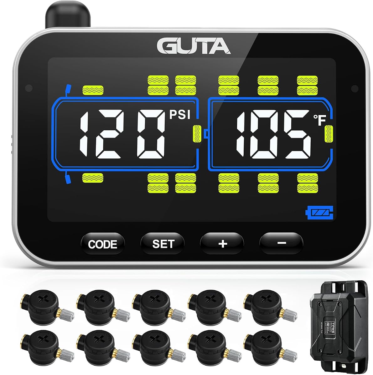 GT20 RV Tire Pressure Monitoring System, 10 Flow-Through Sensors | Color LCD Display, 6 Alert Modes, Monitor Up to 24 Tires, Long-Distance Sensing, 0-188 PSI for RV, Trailer, Semi-Truck