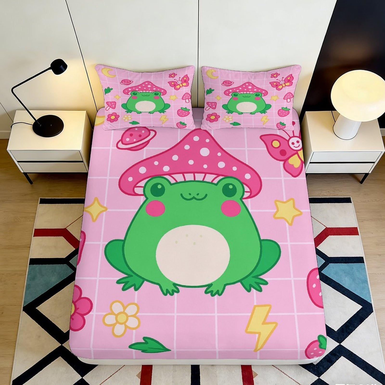 3D Printed Cute Frog Mushroom Fitted Sheet Microfiber Pink Cartoon Bed Cover Anti-Slip Machine Washable for Bedroom Dorm 90x200x25cm