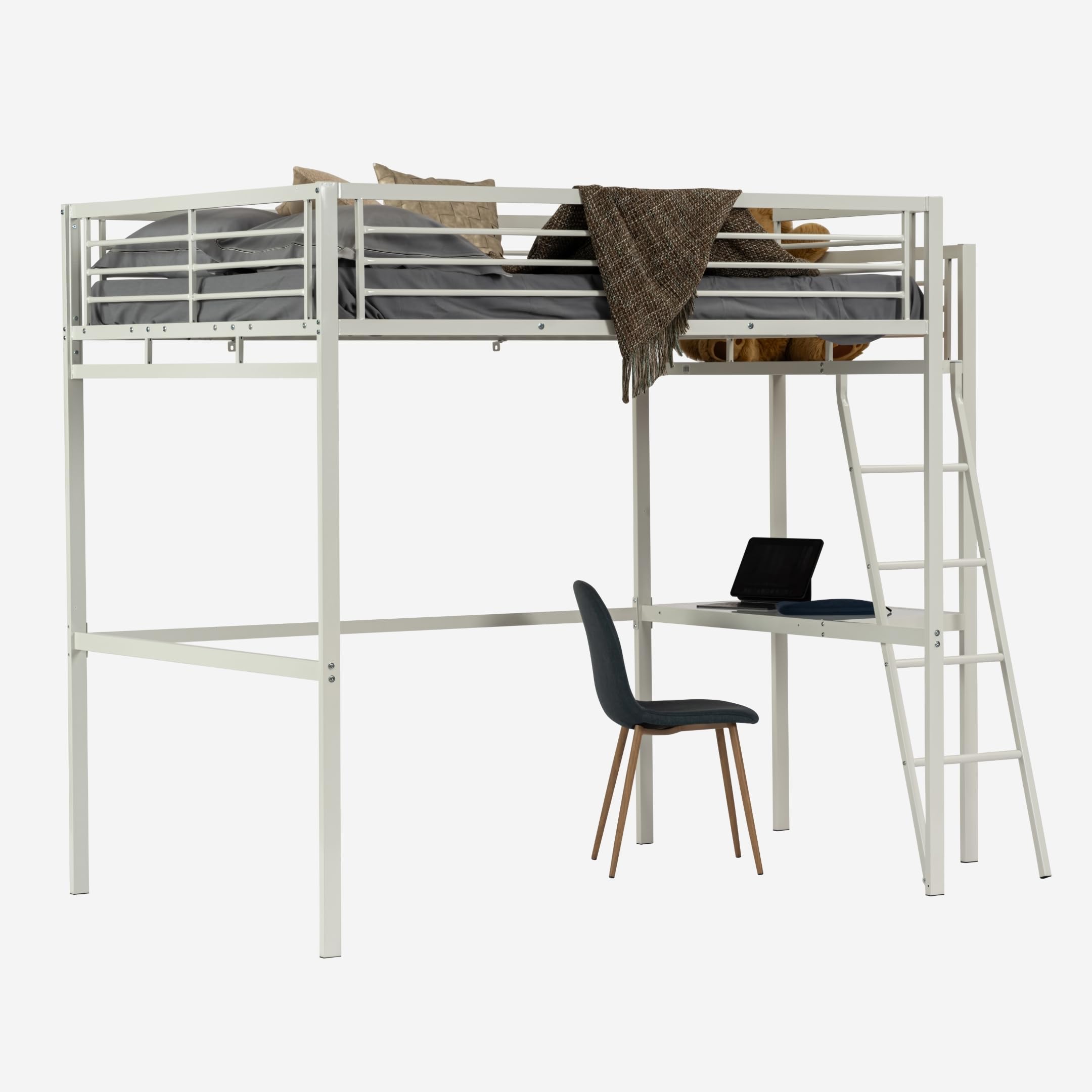MEUBLE Cosy Literas Juveniles Cama Alta Estructura de Metal Doble 140 x 190 cm con Escalera y Escritorio para niños, Adolescentes y Adultos, Estilo Industrial, Blanco
