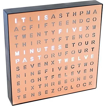 Stiles Light Up Word Clock, Unique Copper Desk Clock with USB Cable, 10 by 10 Inches, Modern and Funky Living Room, Bedroom, Home, or Office Decor