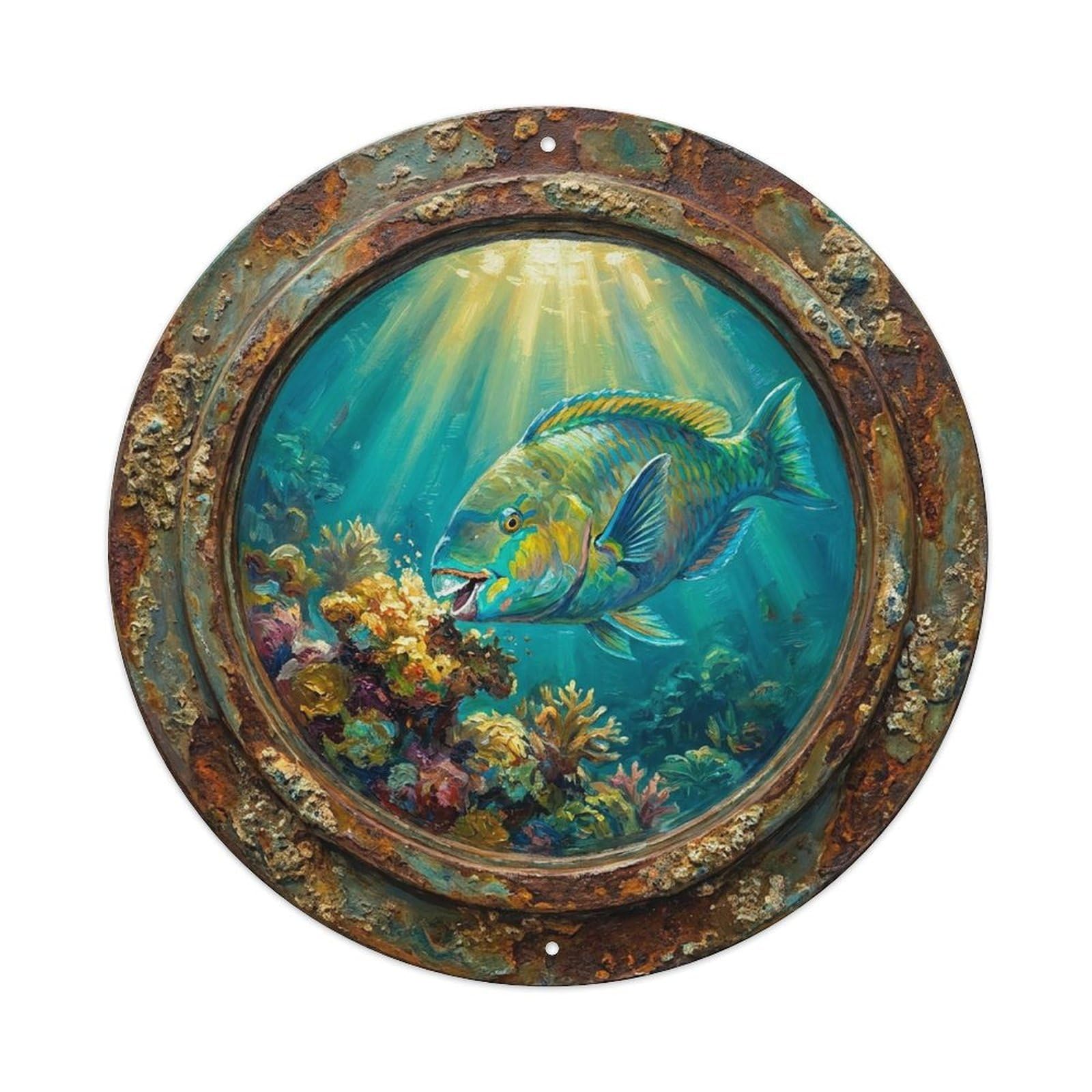Vintage Porthole Parrotfish Feeding Ship Window Under Deep Metal Tin Sign
