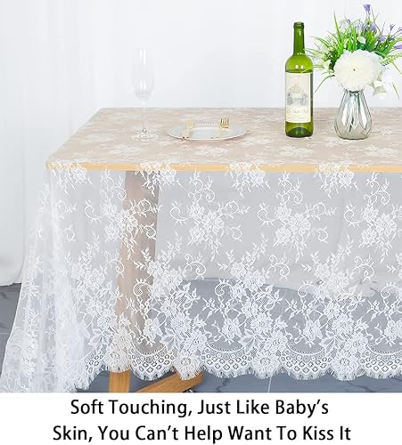 Miniatura 3 de ShinyBeauty Manteles de encaje blanco de 60 x 120 pulgadas, mantel de tela de encaje rústico, decoración de boda, mantel de encaje superpuesto de