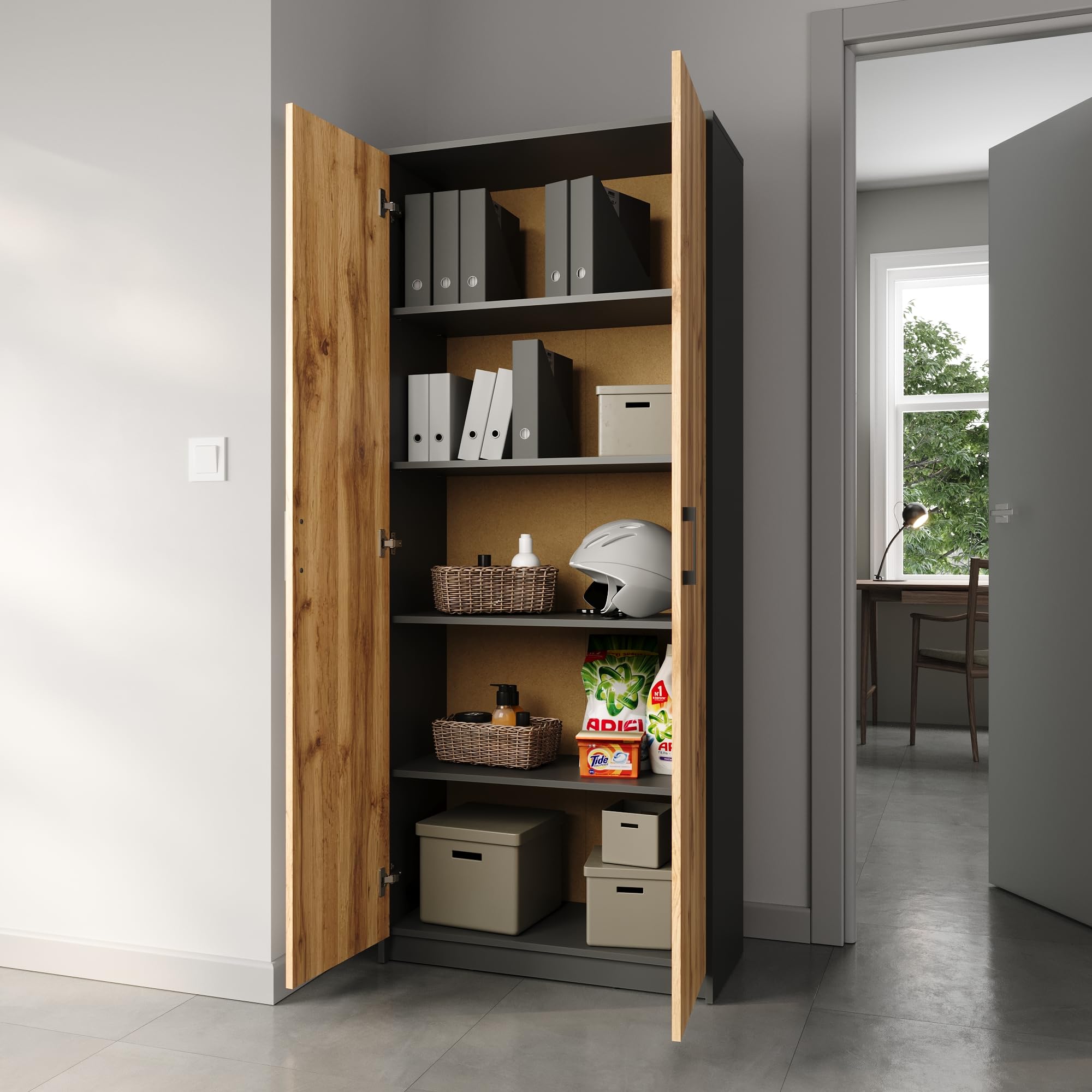 Home Collective Schrank Mehrzweckschrank Aktenschrank Hochschrank mit 5 Fächern 2 Türen 74x35x180 cm vielseitig einsetzbar für Büro Flur Küche Hauswirtschaftsraum stabil & pflegeleicht | graphit/eiche