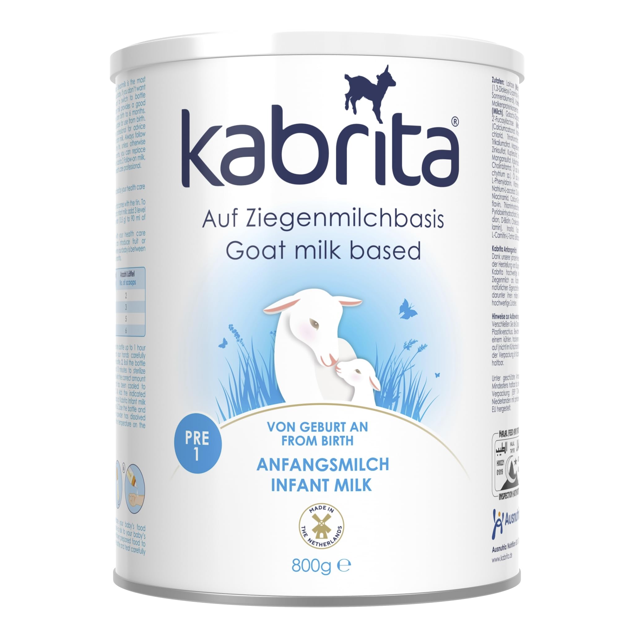KABRITA | Ziegenmilch Pre 1 / Stage 1 Anfangsmilch mit HMO 0-6 Monate | Hochwertige Babynahrung - Baby Milch, nahrhaft und sanft zum Babybauch | Inhalt: 800g Babynahrung-Milchpulver