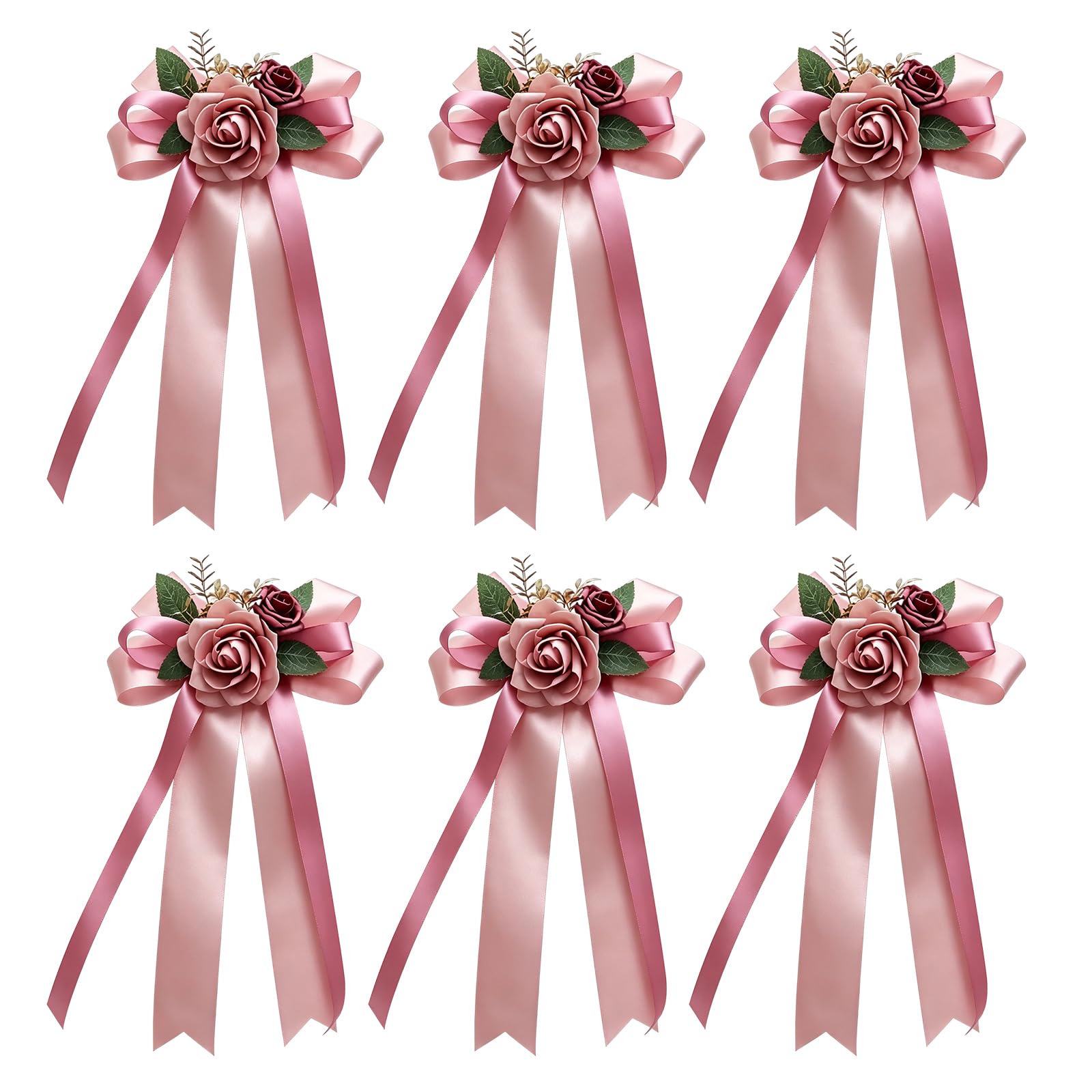 MospdyGear 6 Pcs Wedding Car Decoration Kit, Pink Artificial Flowers and Satin Ribbons, Elegant Accessories for Car Door Handles and Mirrors