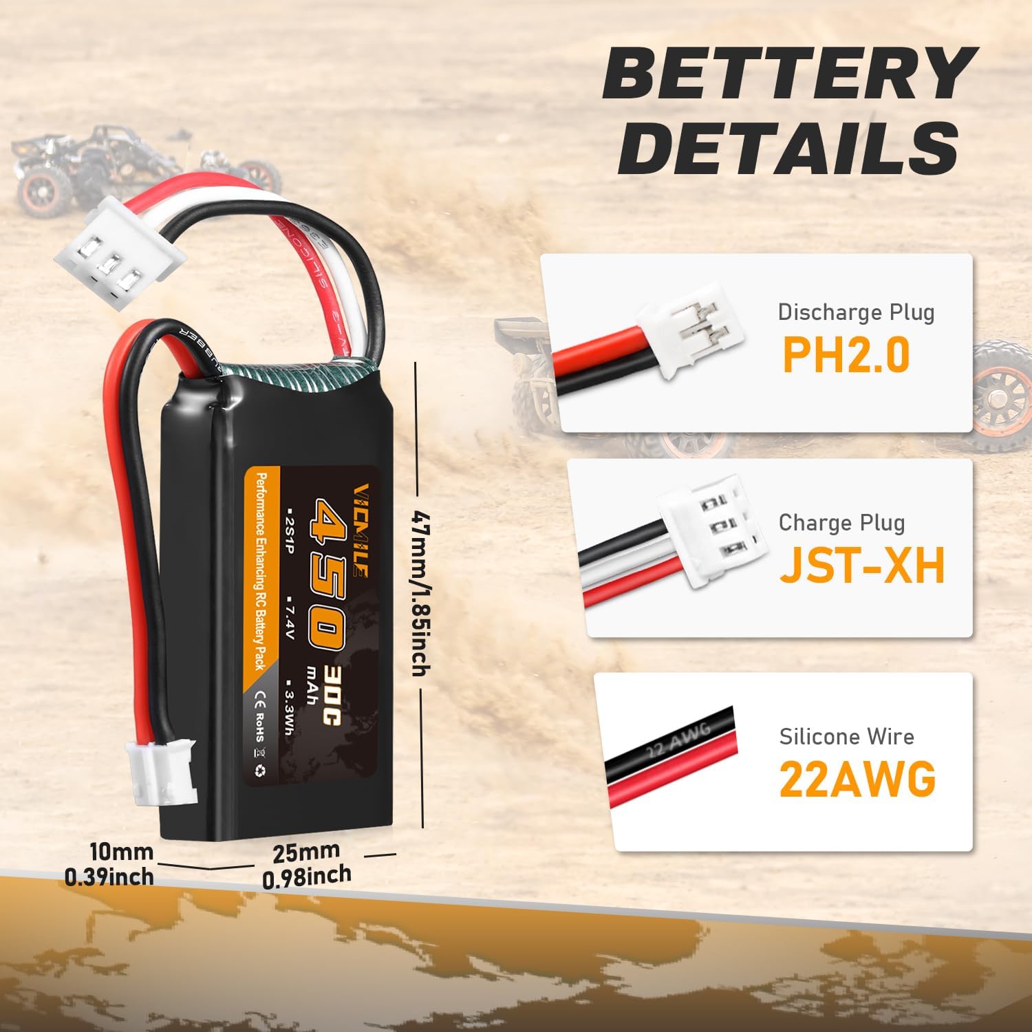 SCX24 Battery 7.4V 450mAh Lipo Battery 2S 30C Rechargeable Lipos with PH2.0 Plug Fit for Most 1/10, 1/16, 1/18, 1/24 Scale RC Cars Trucks