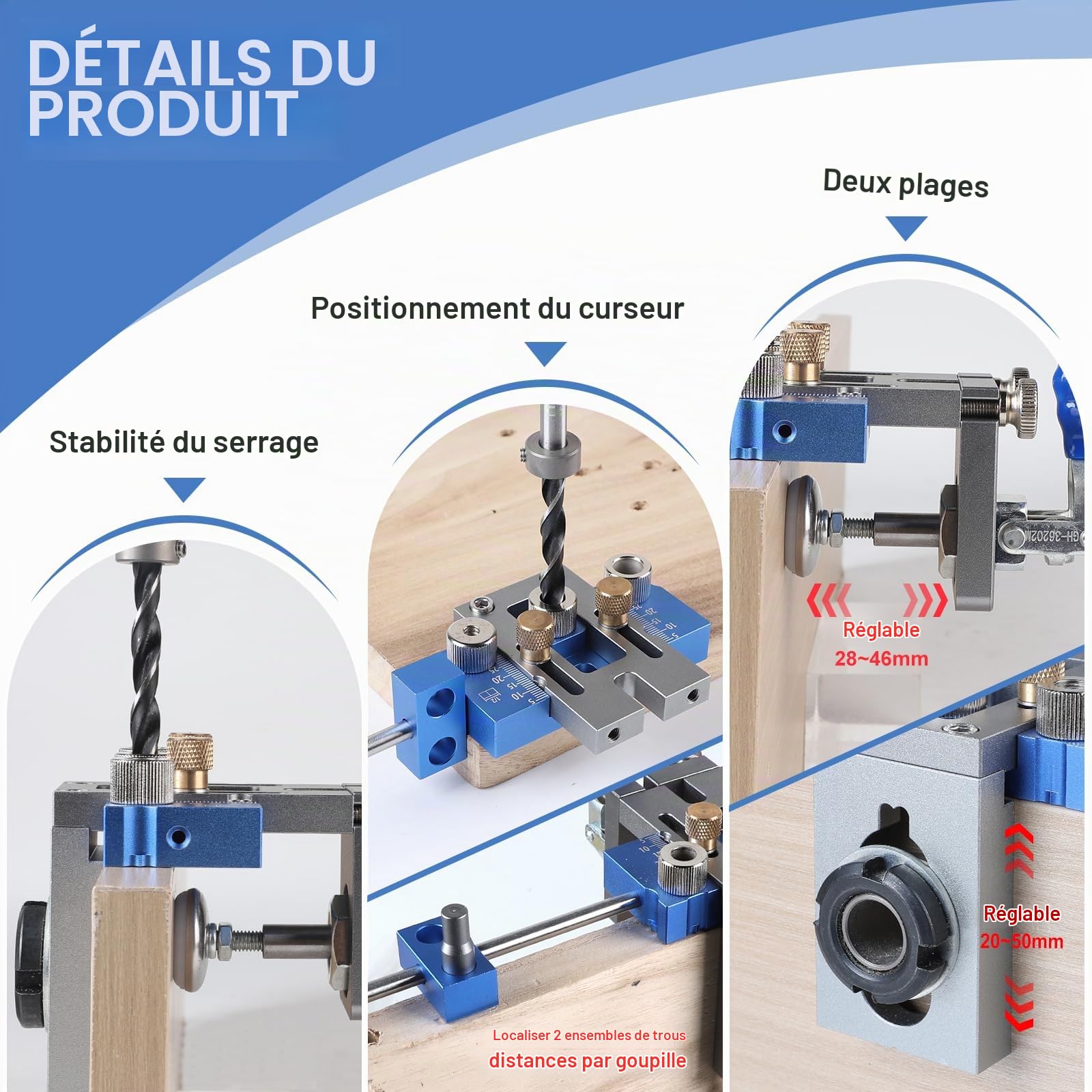 EFUTURETIME 3-en-1 Gabarit de Perçage Vertical Set, 5/8/10/15mm Gabarit de Cheville Réglable, Localisateur de Perçage pour Perçages et Connexions Rapides et Précises, Bleu