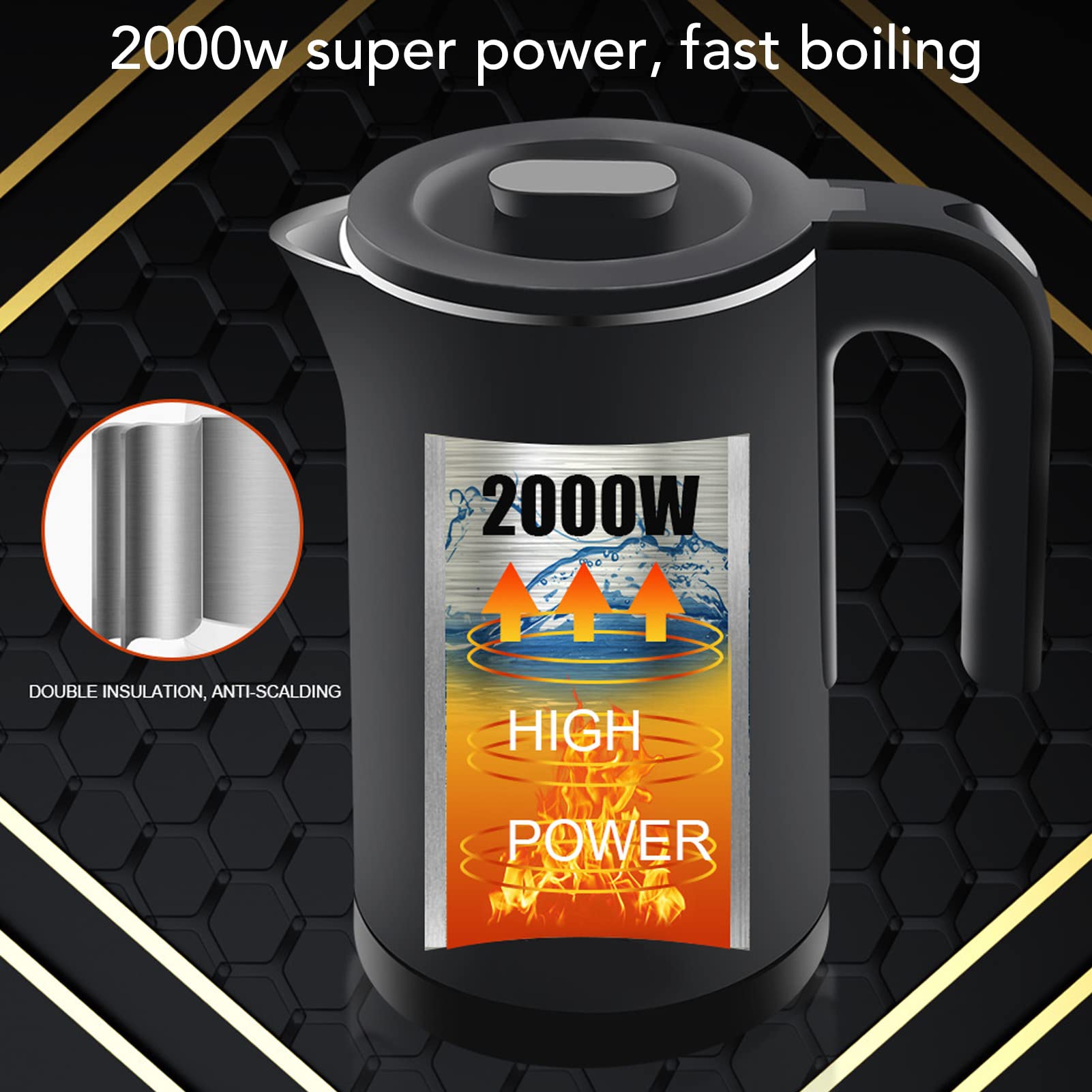 Czajnik elektryczny 2,3 l, podwójna warstwa ze stali nierdzewnej, wewnętrzny czajnik grzewczy 2000 W, elektryczny garnek podróżny do domowego biura, przygotowywania herbaty, kawy, 220 V, wtyczka EU