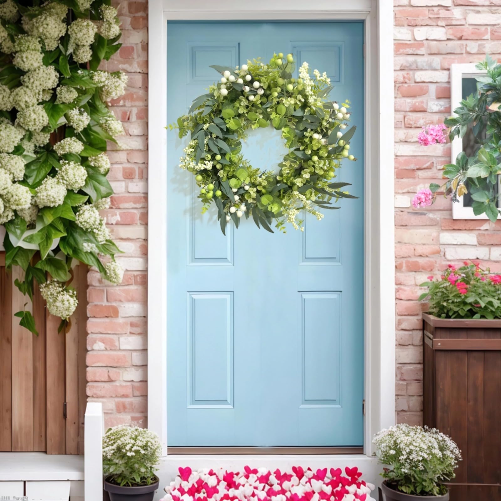 Couronne de Printemps pour Porte d’entrée 45 cm, Couronne Verte en PVC, décoration Murale et pour cheminée, Usage intérieur et extérieur, Fleurs Blanches, pour Une Maison au Style saisonnier